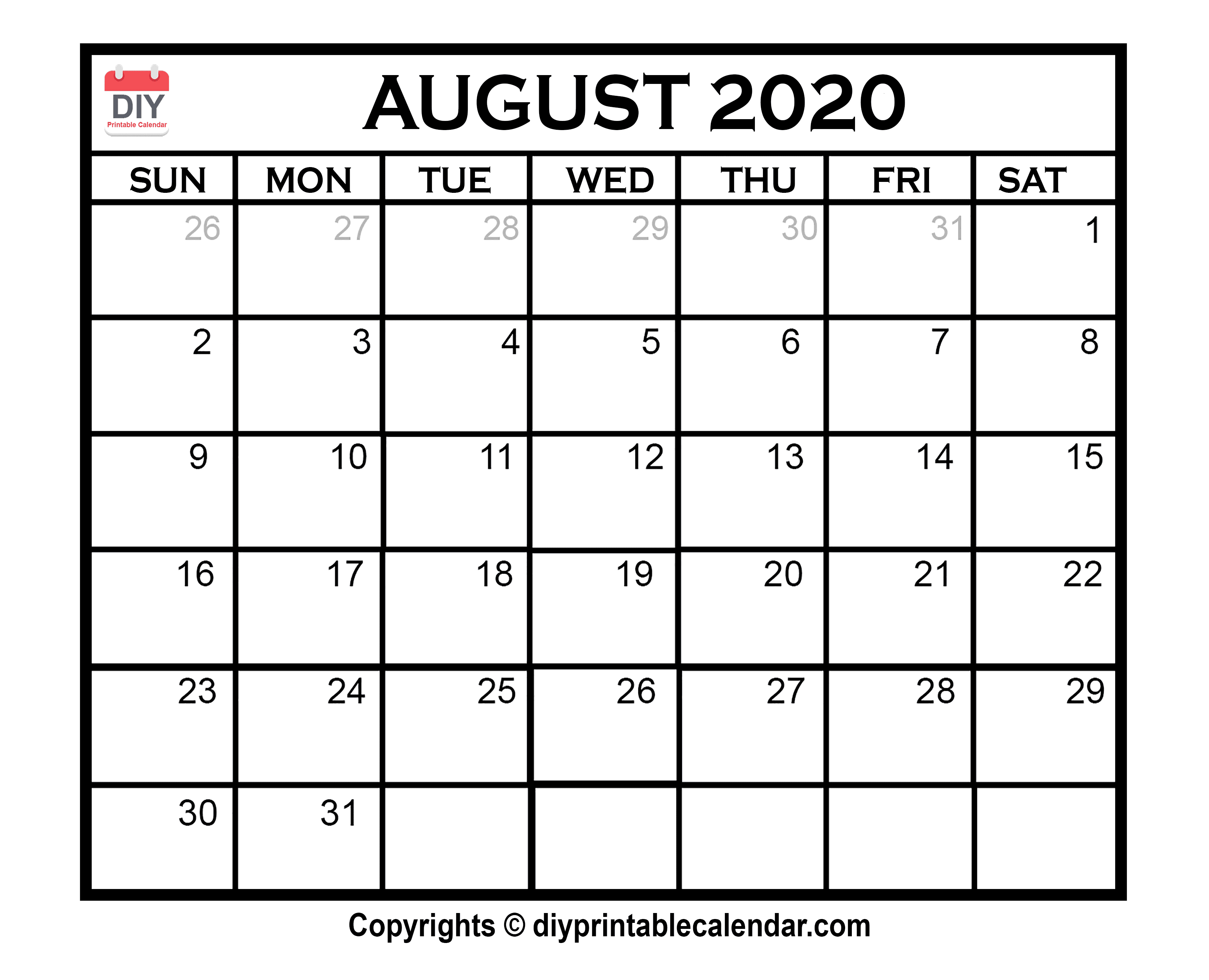 033 Free Blank Calendar Template August Printable Singular intended for August 2020 And September 2020 Calendar