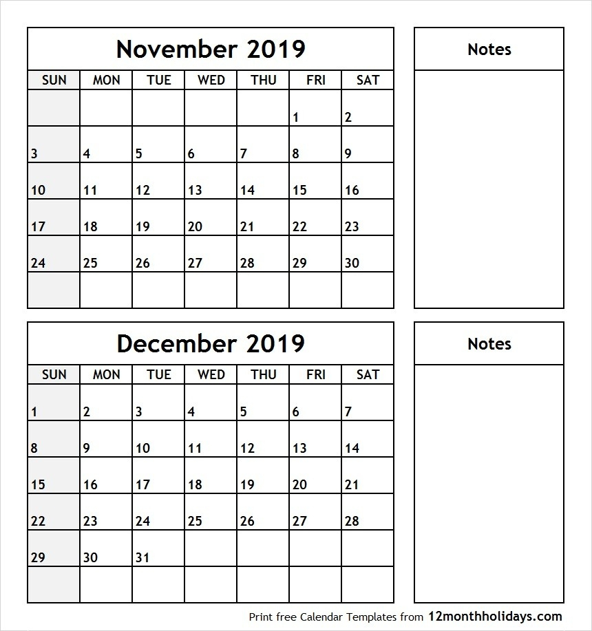 2 Month Calendar Nov Dec 2019 | Example Calendar Printable within Two Month Calendar Template