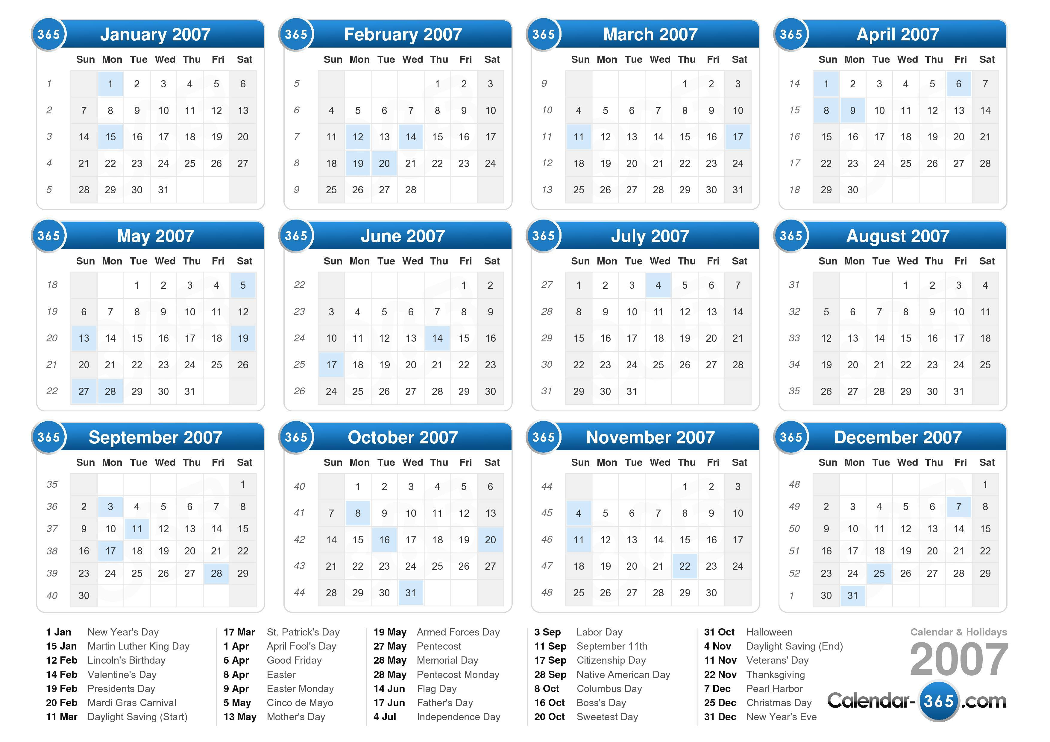 2007 Calendar intended for Printable 2007 Calendar