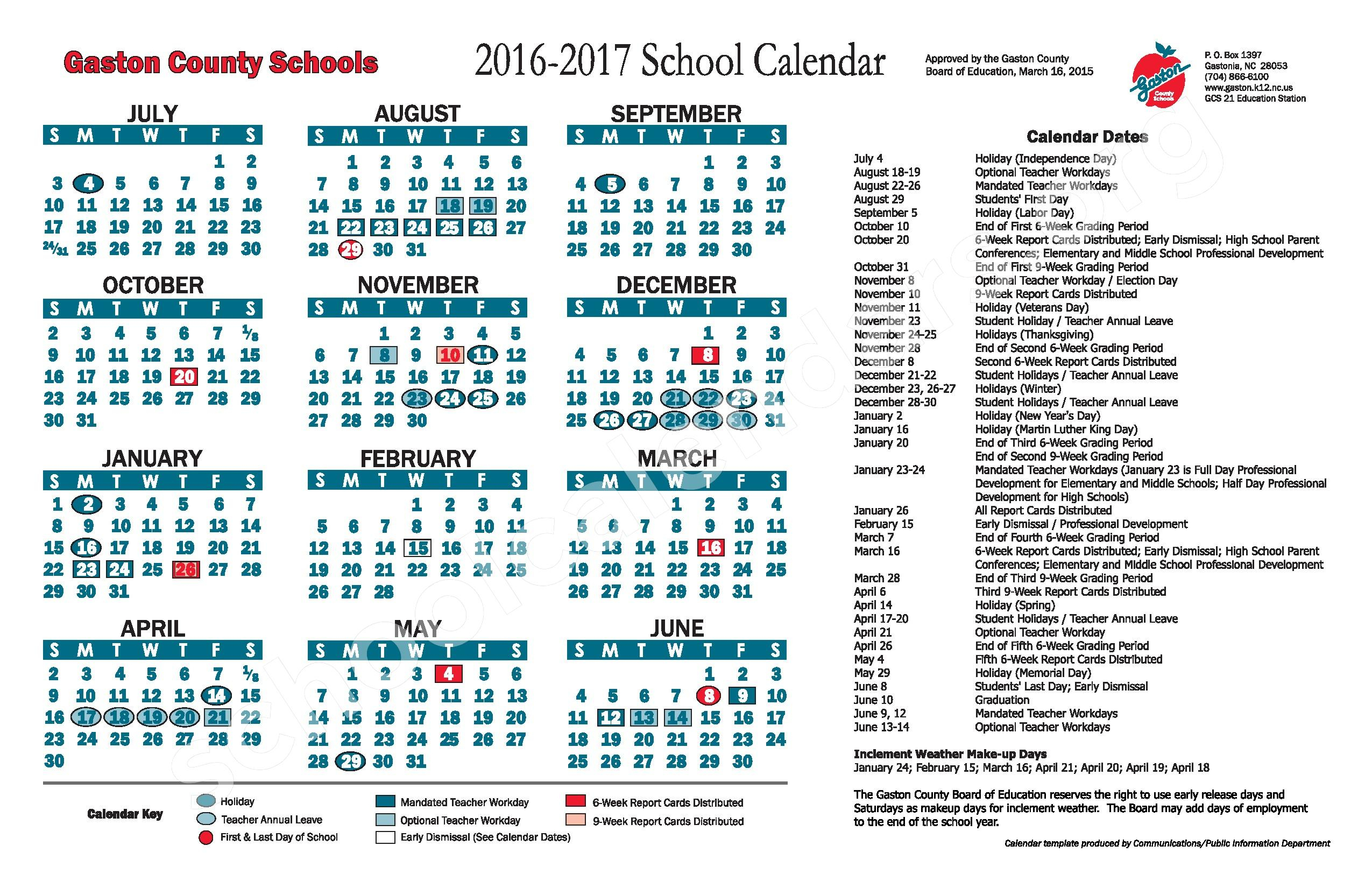 2016  2017 School Calendar | Gaston County Schools throughout Gaston County School Calendar