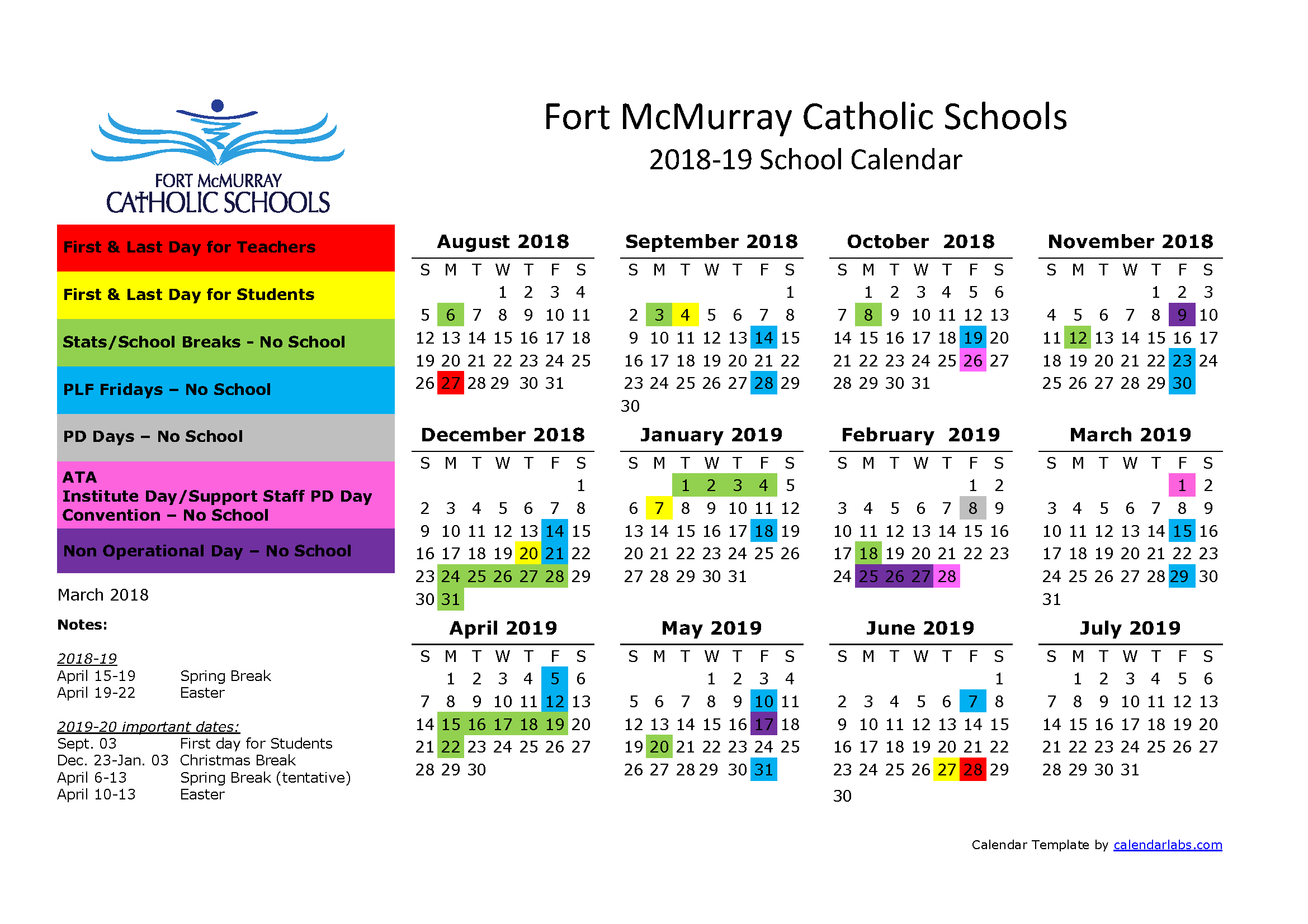 201819 School Calendar | Fort Mcmurray Catholic Schools for Pei School Calendar 2020