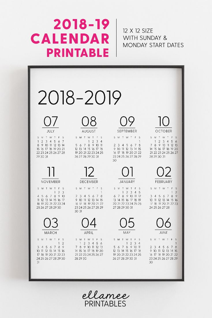 20182019 Printable Annual Calendar 12X12 With Sunday And with 12X12 Calendar Template