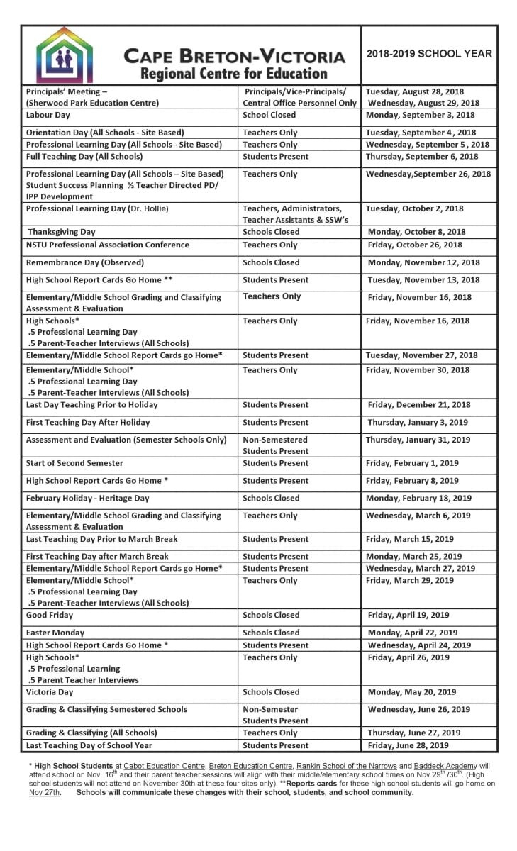 20182019 School Schedule For Cape Bretonvictoria for Eastern Cape School Calendar