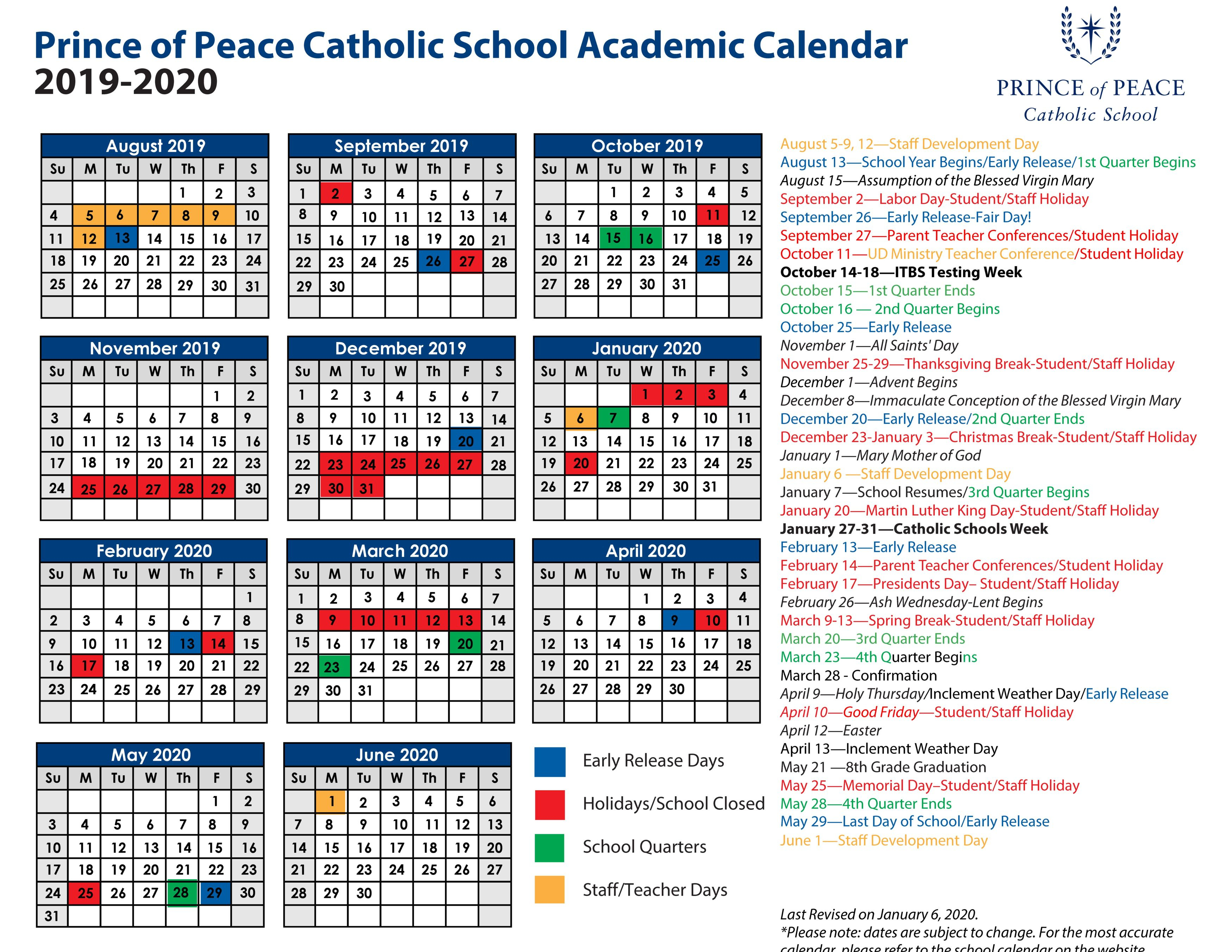 2019  2020 Academic Calendar  Prince Of Peace Catholic School inside Liturgical Calendar 2020 Printable