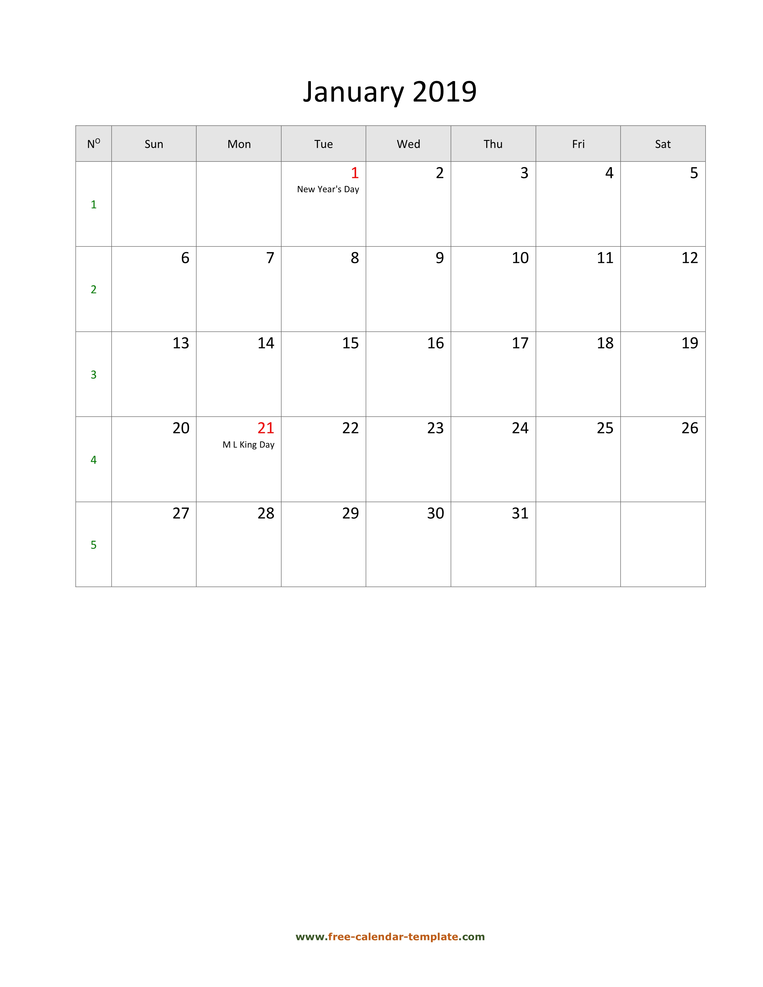 2019 January Calendar (Blank Vertical Template) | Free for Blank One Month Calendar