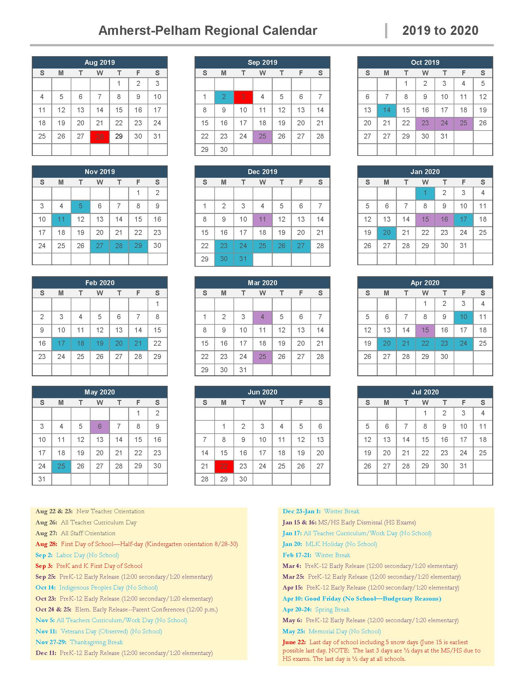 20192020 School Calendar Approved | Amherstpelham Regional in H International School Calendar