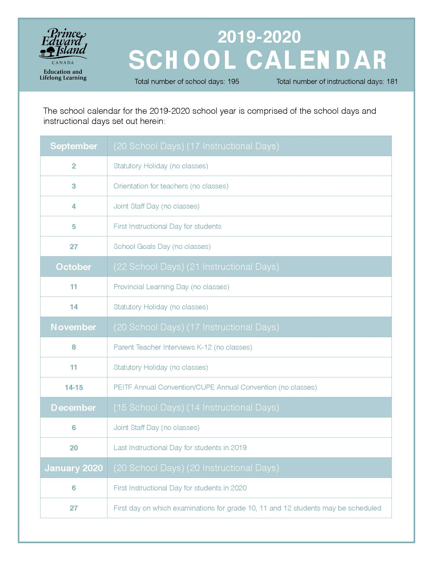 20192020 School Calendar | East Wiltshire Intermediate School throughout Pei School Calendar 2020
