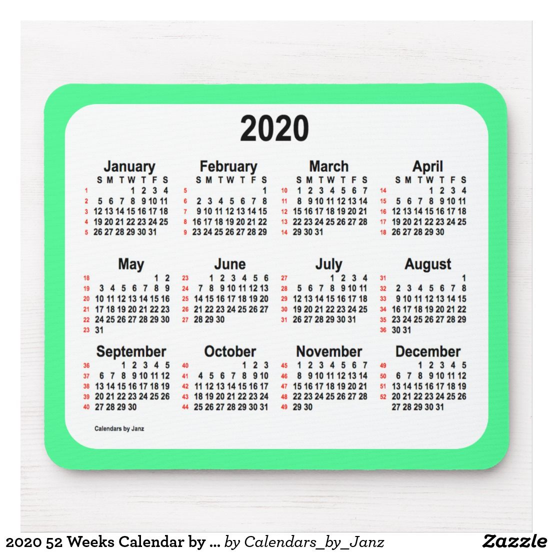 2020 52 Weeks Calendar By Janz Pale Green Mouse Pad | Zazzle with regard to Isha Usa Lunar Calendar