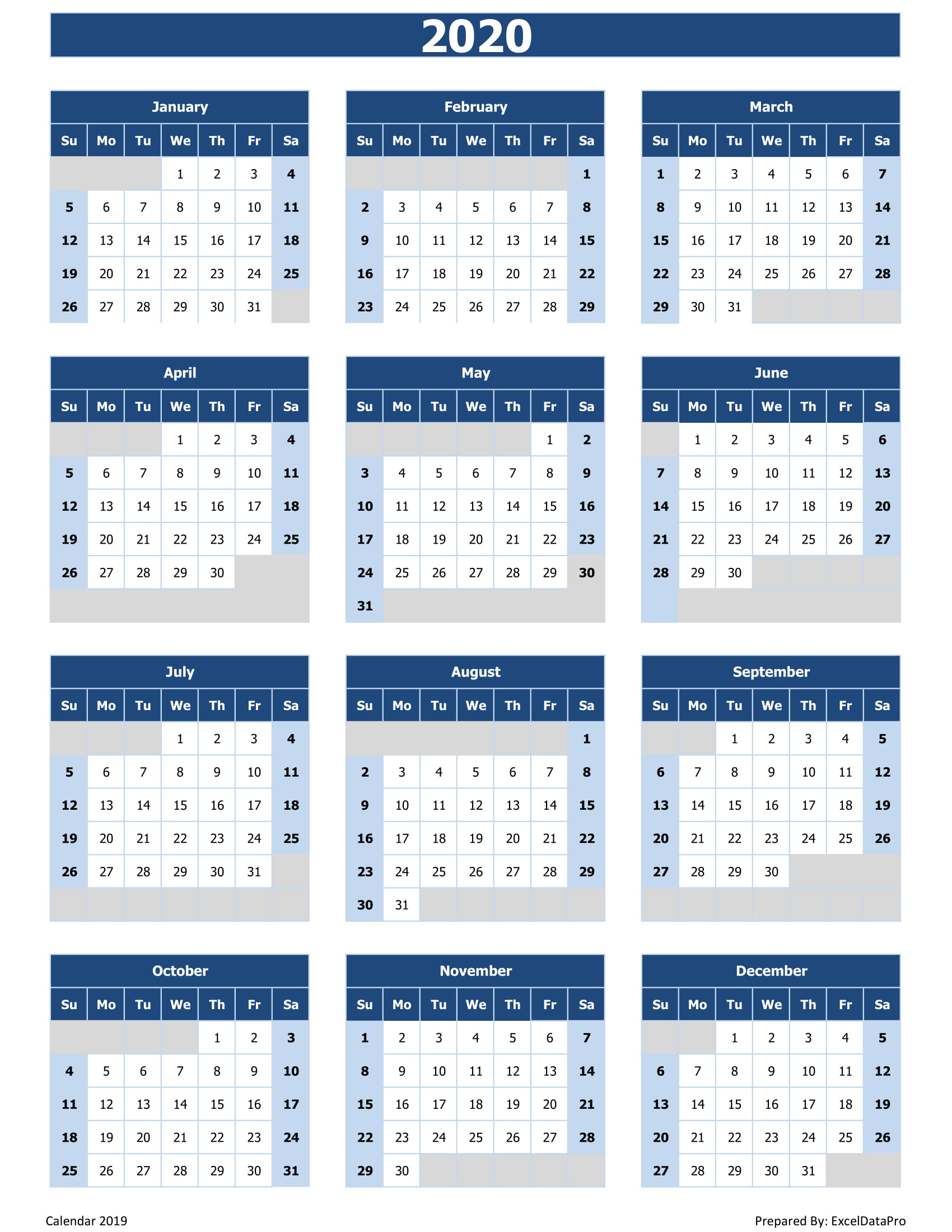 2020 Calendar Excel Templates, Printable Pdfs &amp; Images with Kalendar Excel 2020