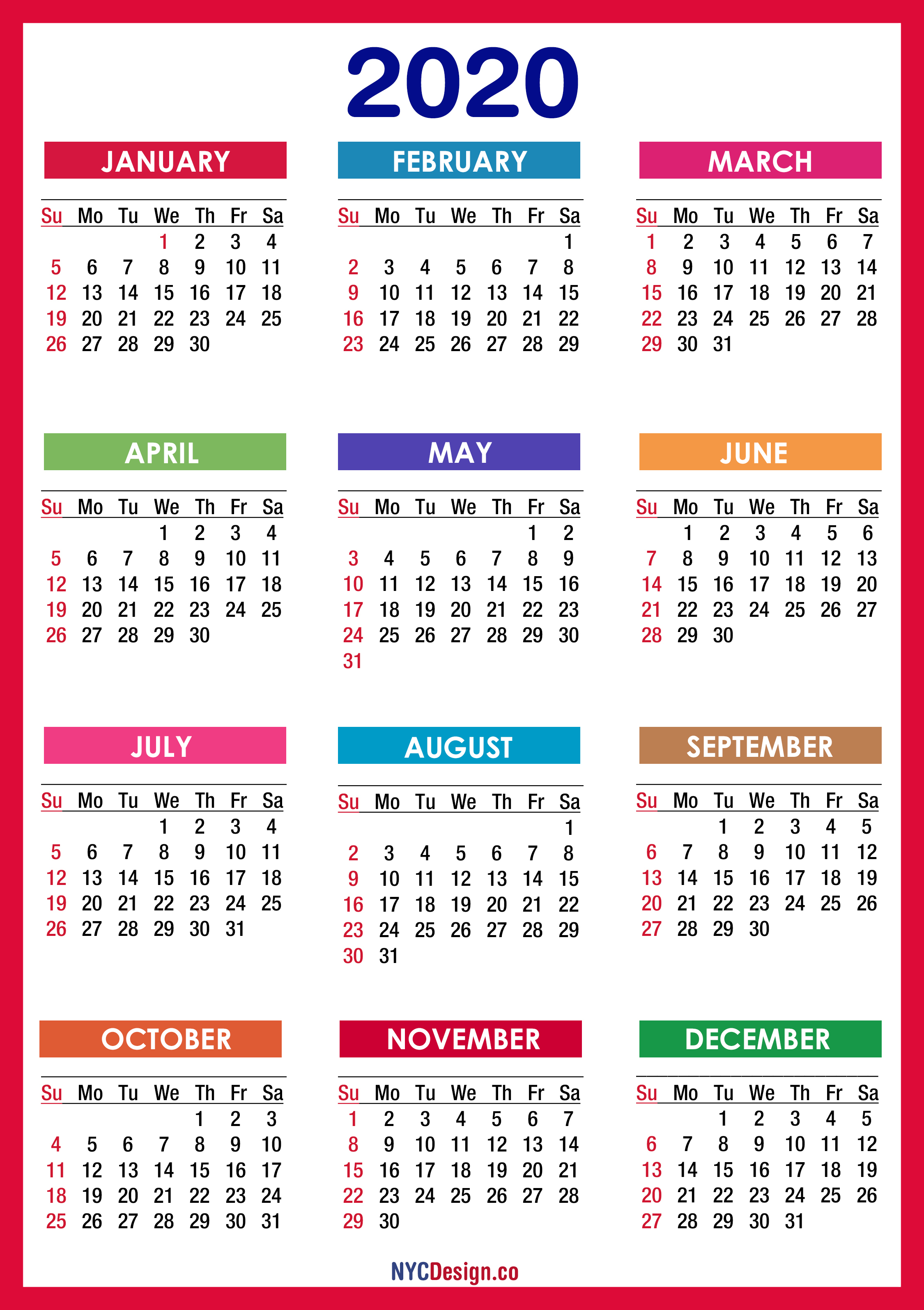 2020 Calendar Printable Free, Pdf, Colorful, Red, Orange with Printable 2020 Calander
