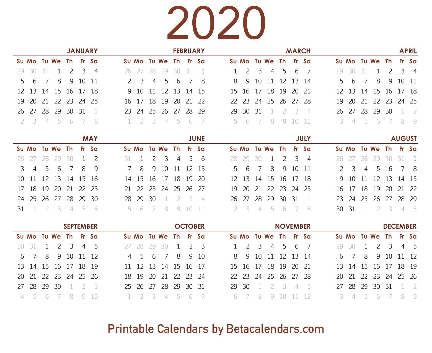 2020 Calendar Printable | Printable Yearly Calendar, Yearly within 2020 Calendar Printable
