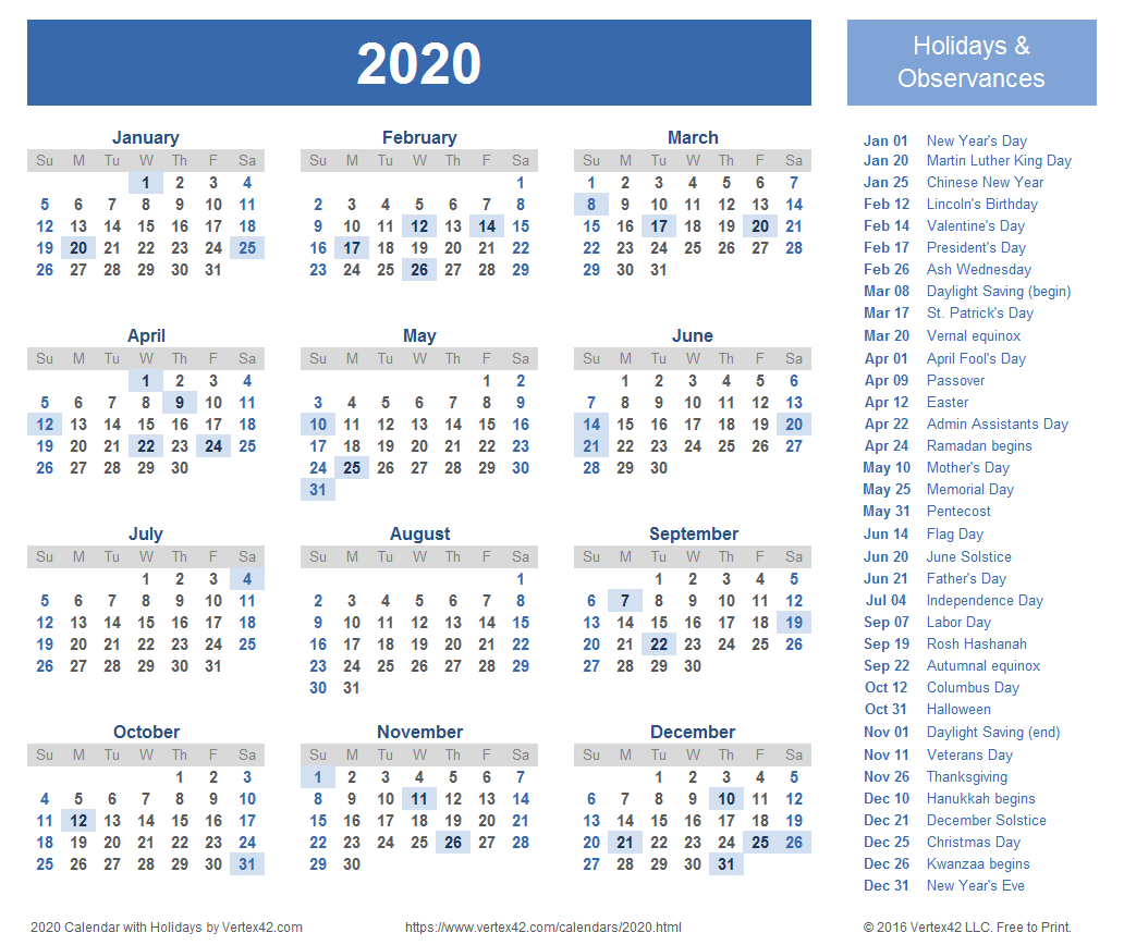 2020 Calendar Templates And Images regarding 2020 Calendar Printable