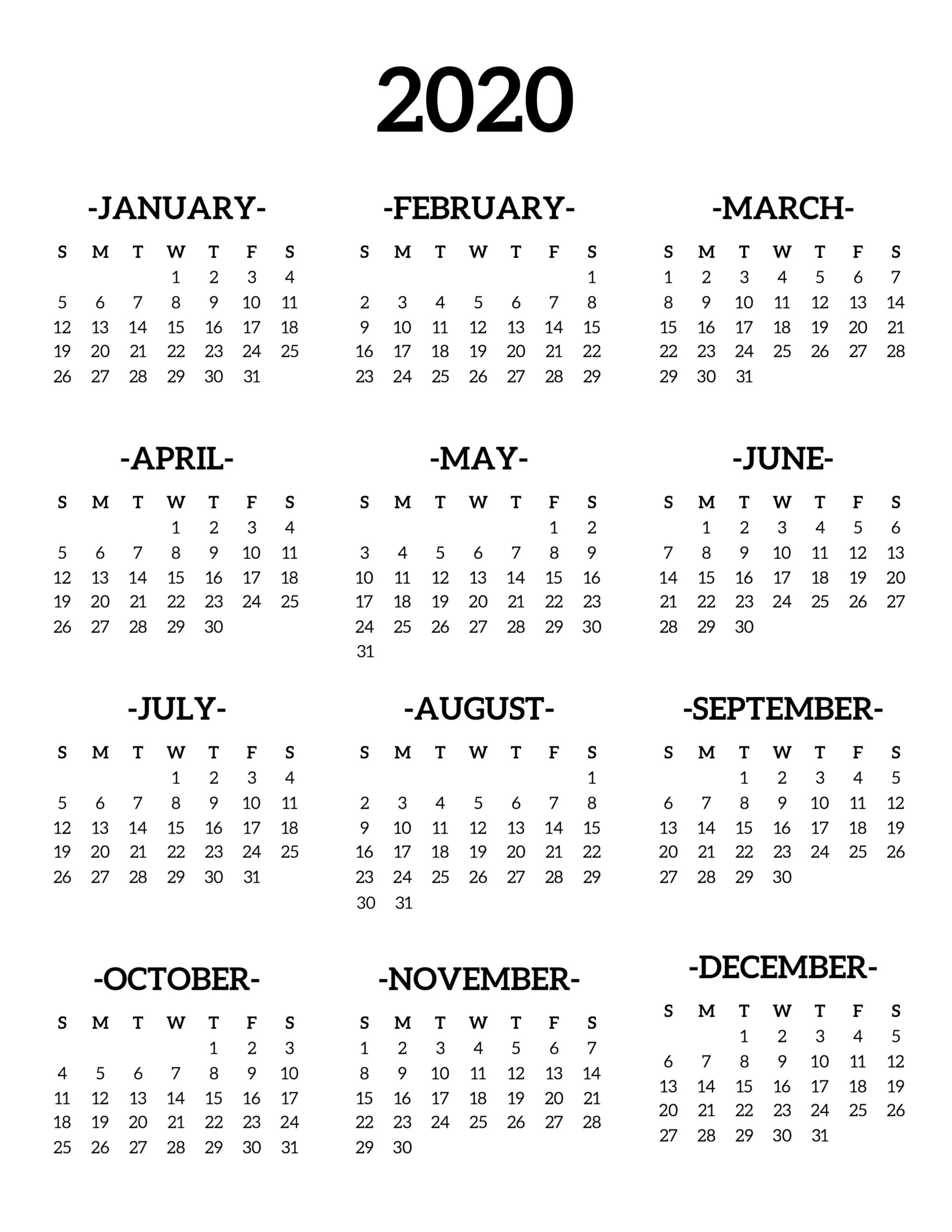 2020 Calendar Year At A Glance Printable | Monthly Printable intended for 2020 Year At A Glance Printable