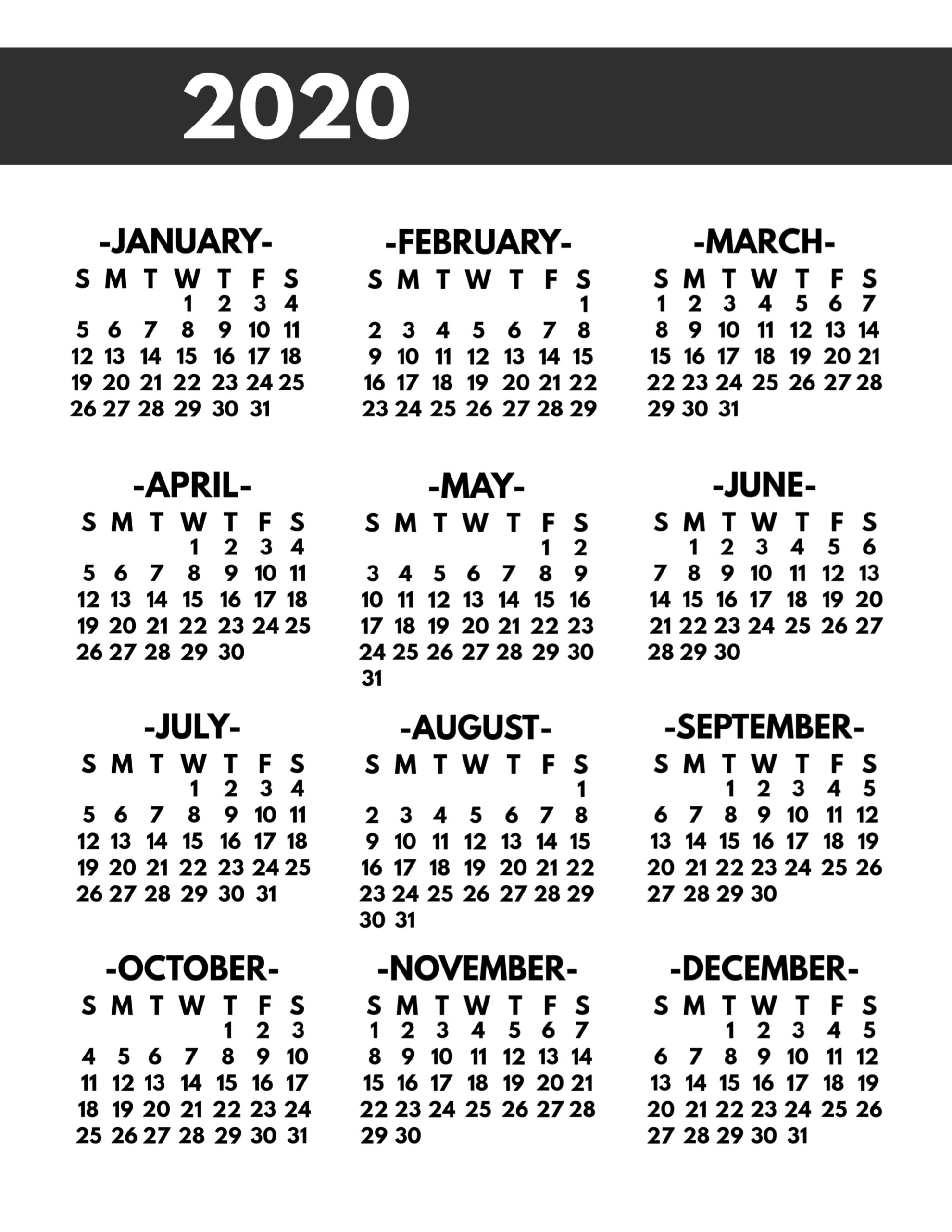 2020 Calendar Year At A Glance  Yatay.horizonconsulting.co with 2020 At A Glance Calendar Printable