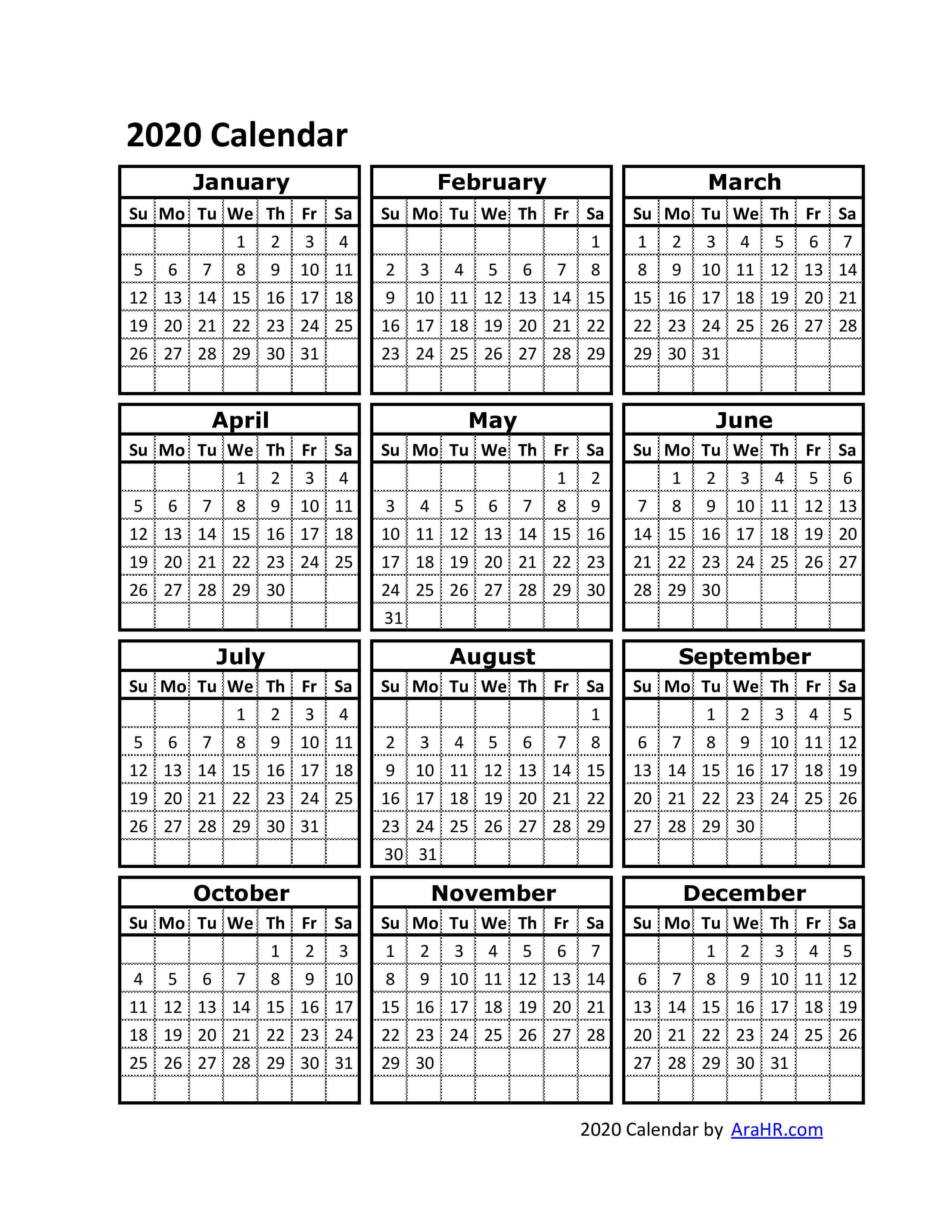 2020 Calendar  Yearly  Monthly  Free  Printable for Kalendar Excel 2020