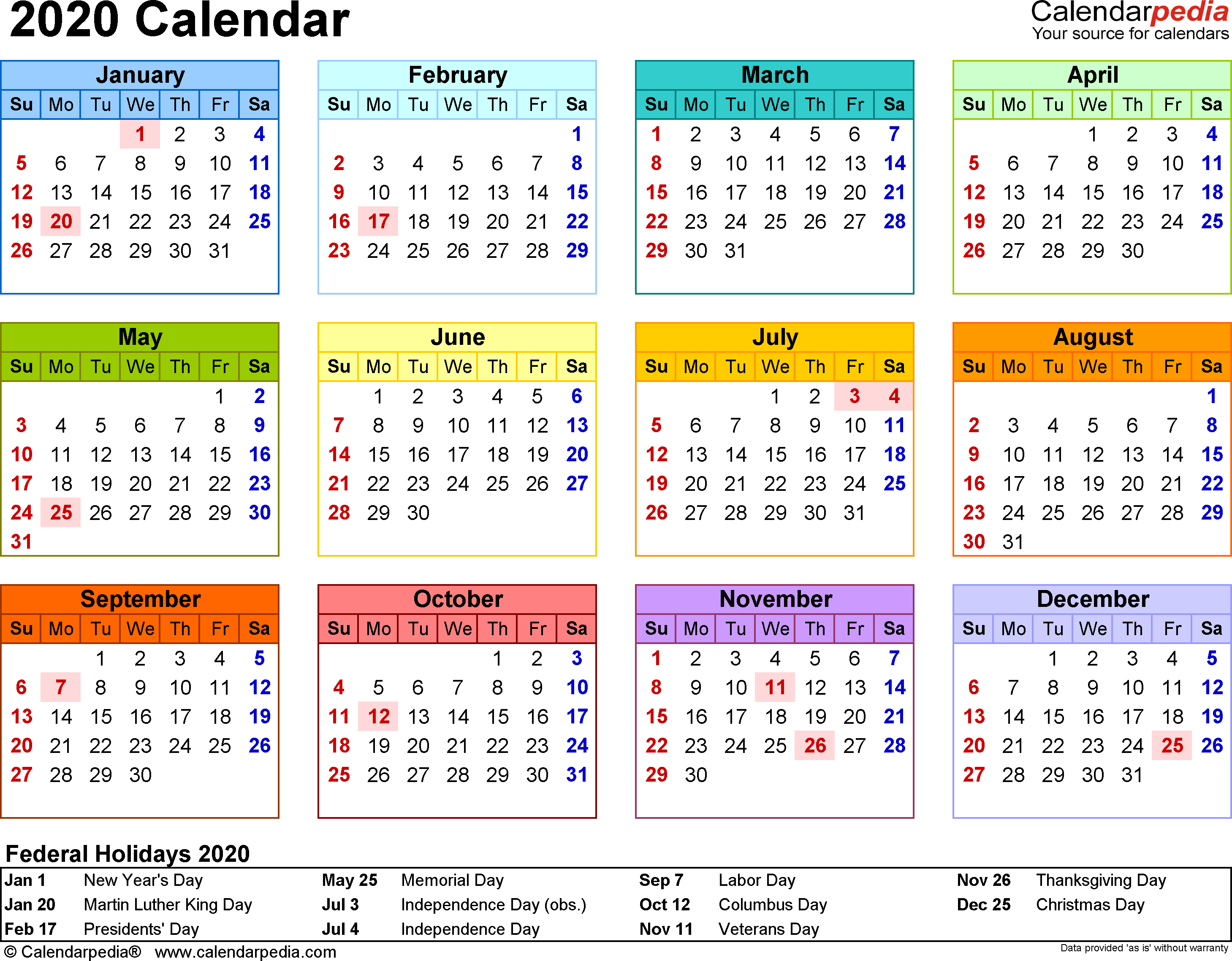 2020 Calender  Bolan.horizonconsulting.co intended for 2020 Year At A Glance Printable