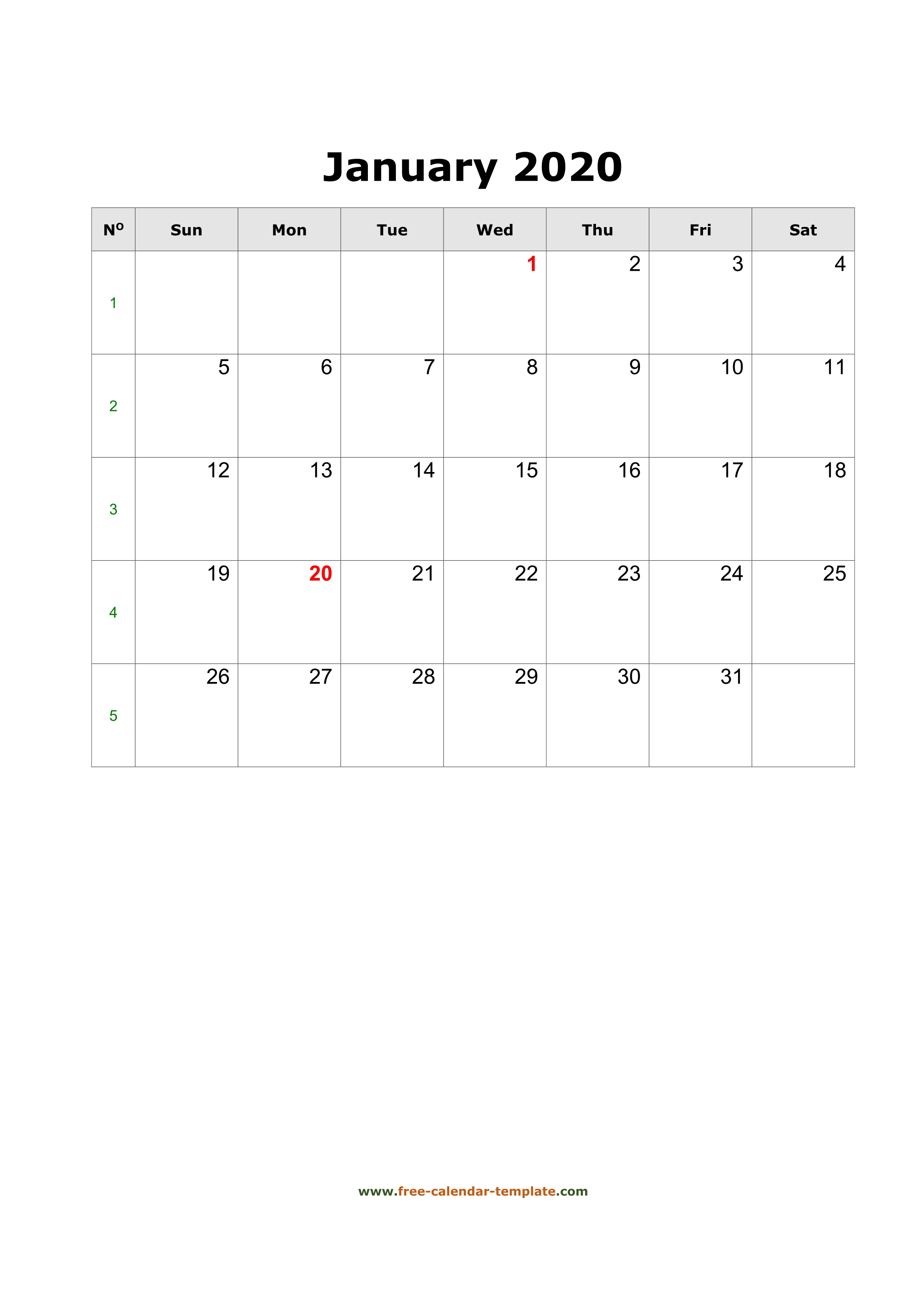 2020 January Calendar (Blank Vertical Template) | Free throughout Blank One Month Calendar