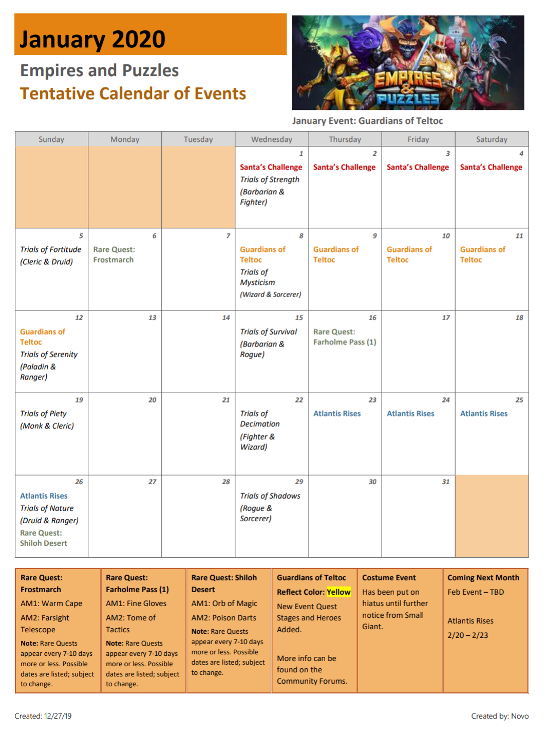 2020 January Calendar Of Events (Dates Are Tentative And inside Empires And Puzzles Quest Schedule
