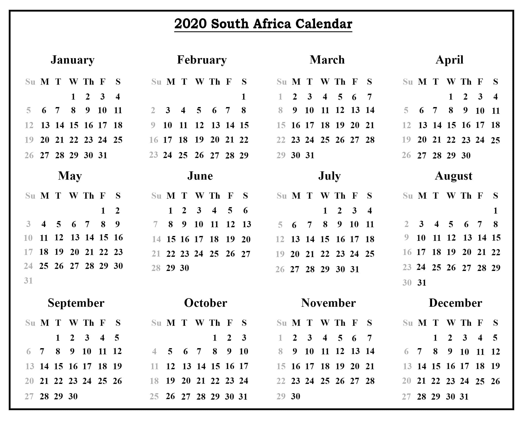2020Southafricacalendar3  Bloemfontein Courant intended for Calendar Martie 2020