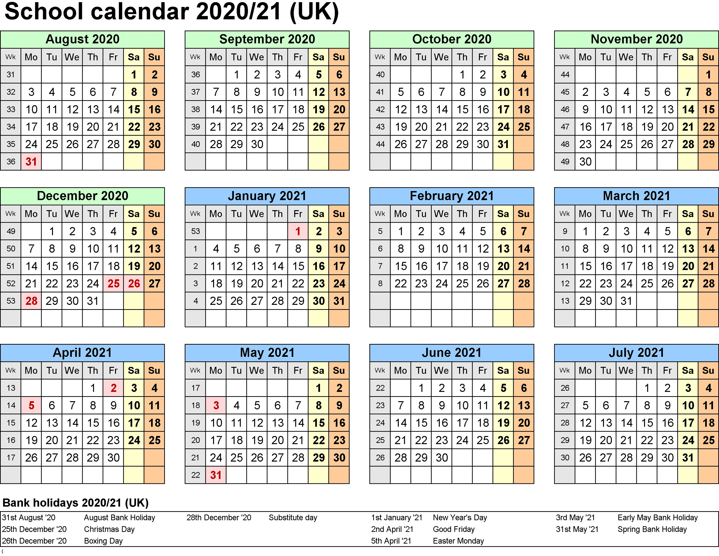 3 Year Calendar 2020 To 2021 Excel | Calendar for Planning