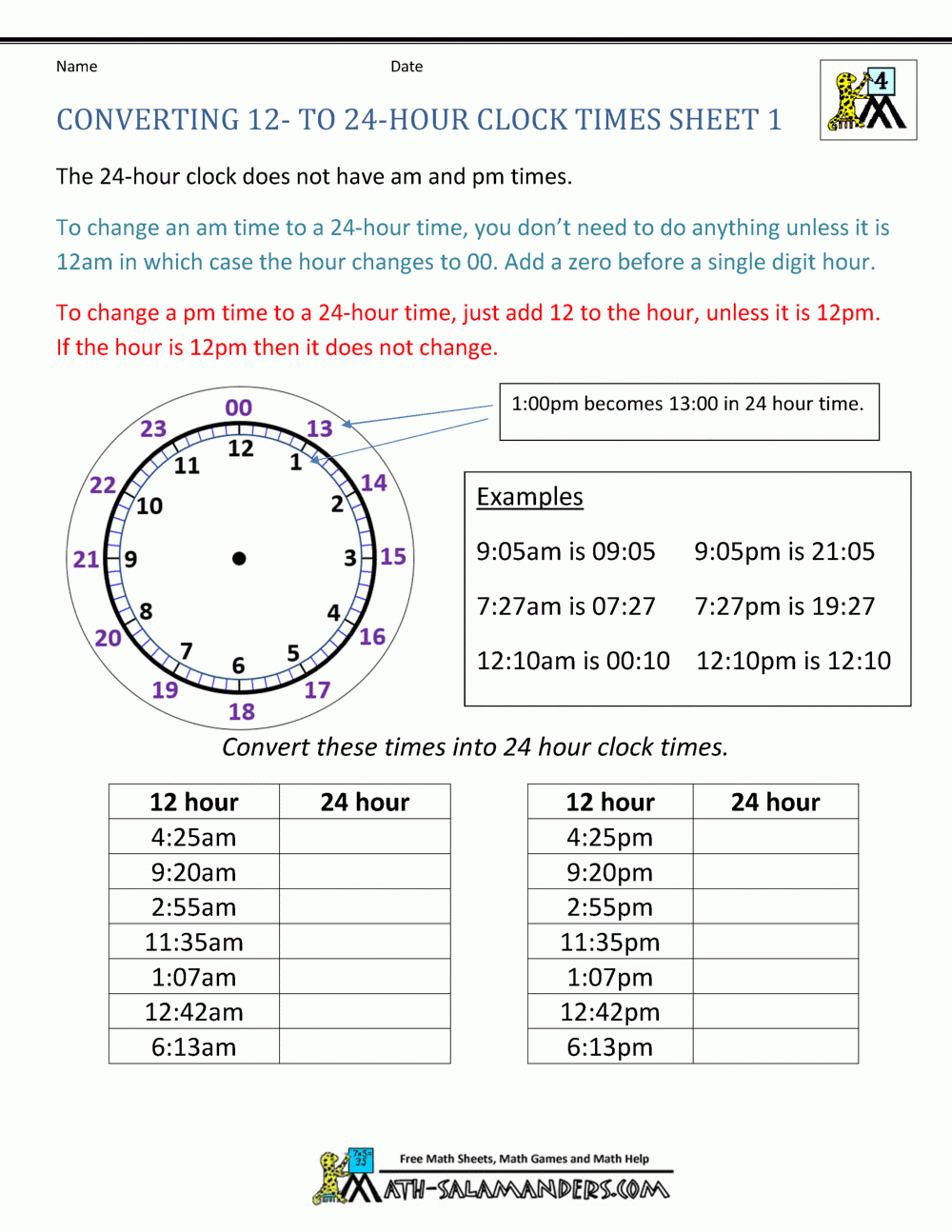 24 Hour Clock Conversion Worksheets inside 12 Hours By 12 Weeks Pdf