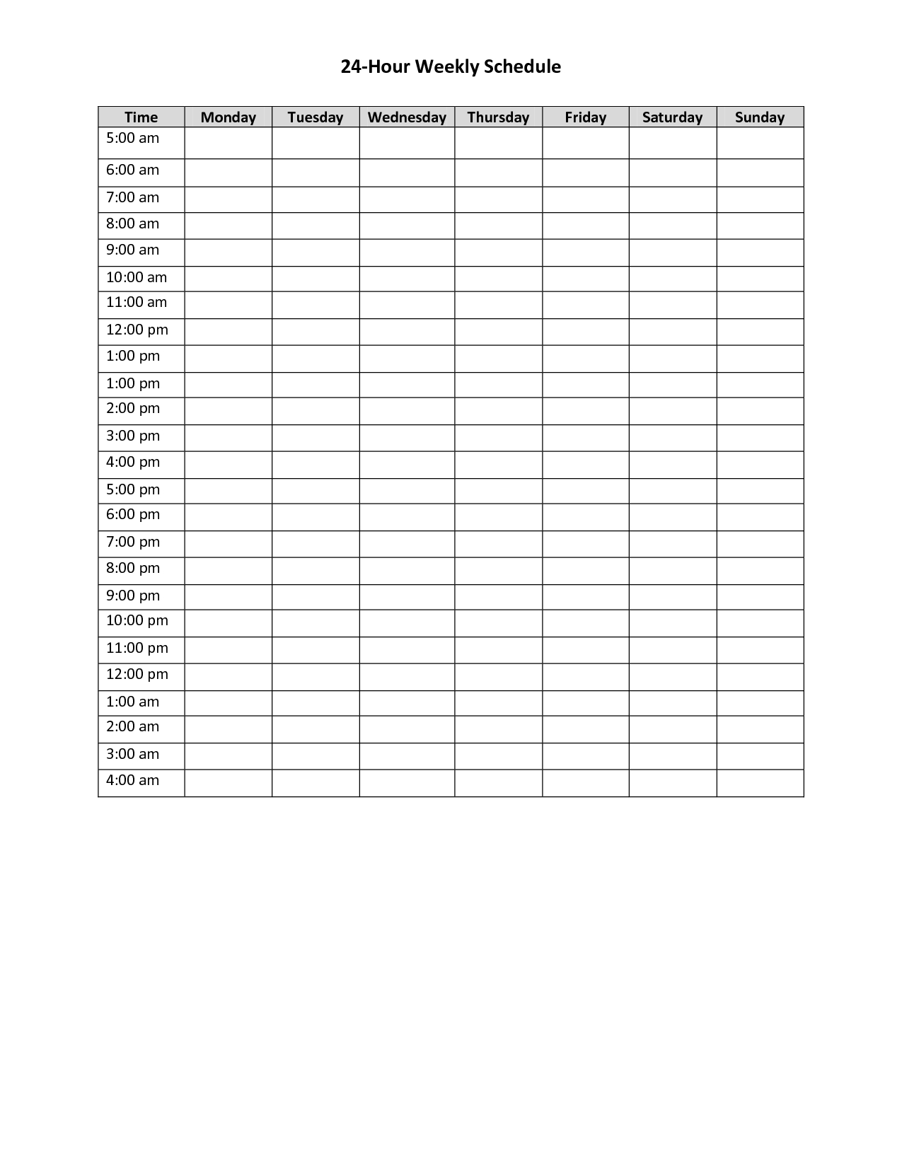 24 Hour Weekly Schedule Printable | Daily Schedule Template inside 24 Hour Planner Template