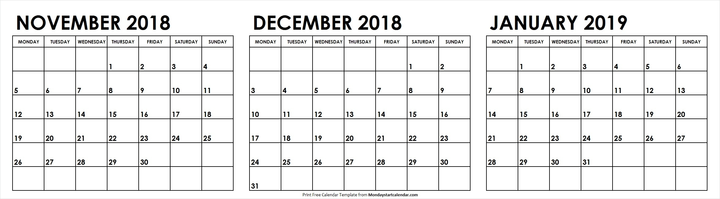3 Month Calendar Printable Novemberdecemberjanuary with November December January Calendar