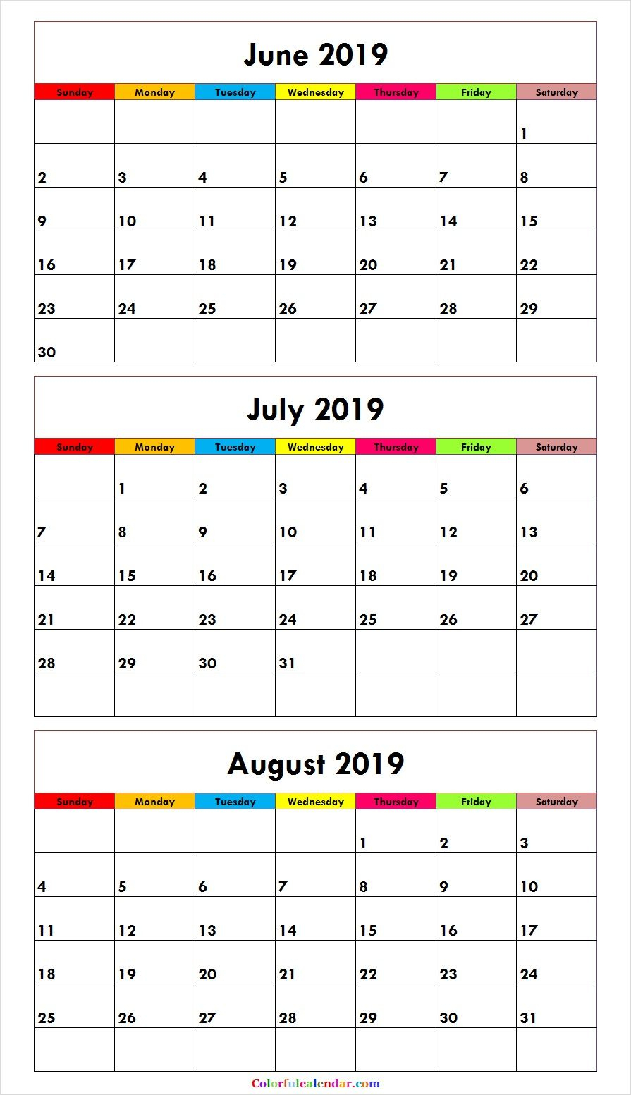 3 Month June July August 2019 Calendar Green | Calendar June for Printable Calendar 3 Month
