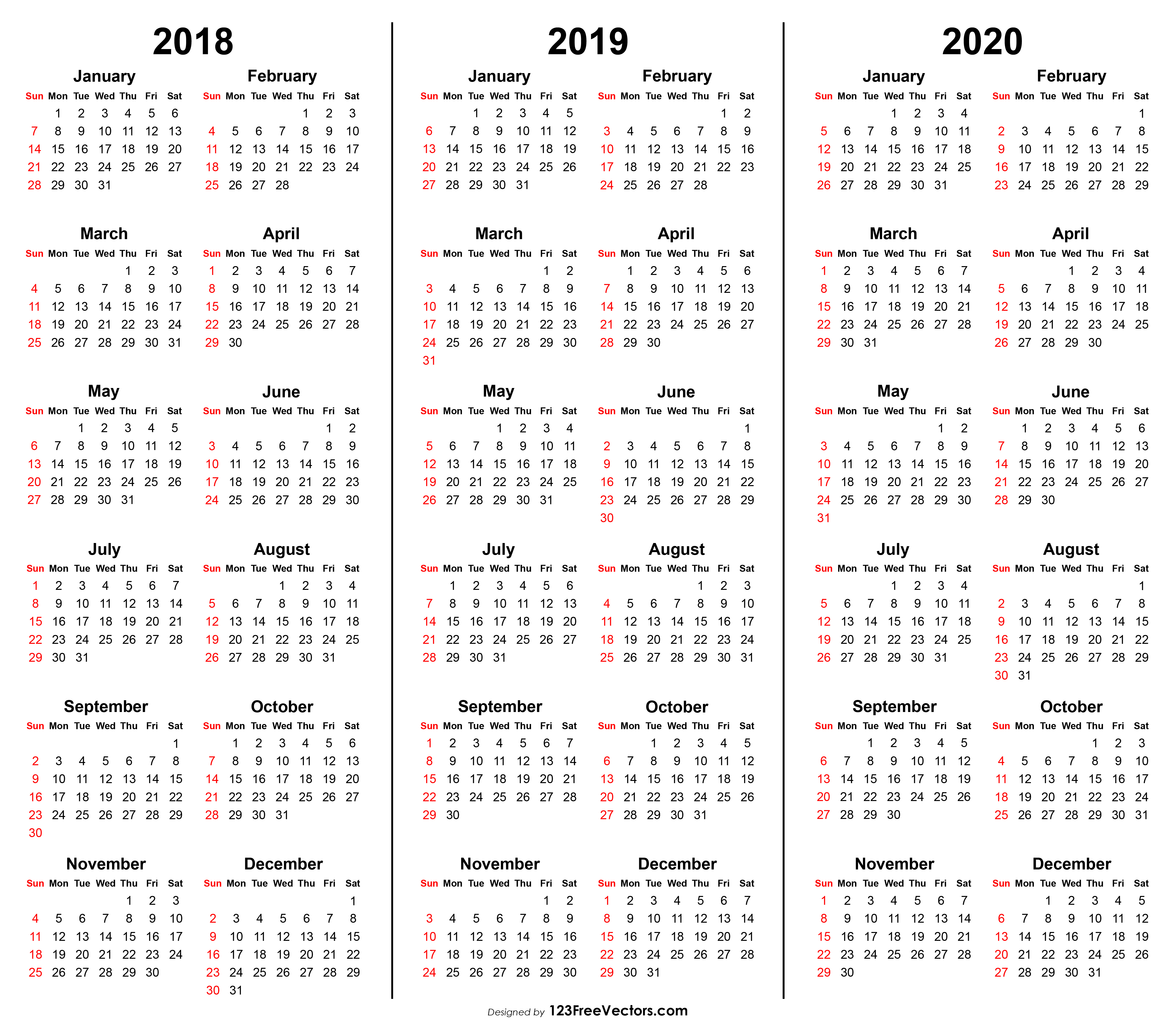 3 Year Calendar 2018 2019 2020 Printable in Three Year Calendar Printable