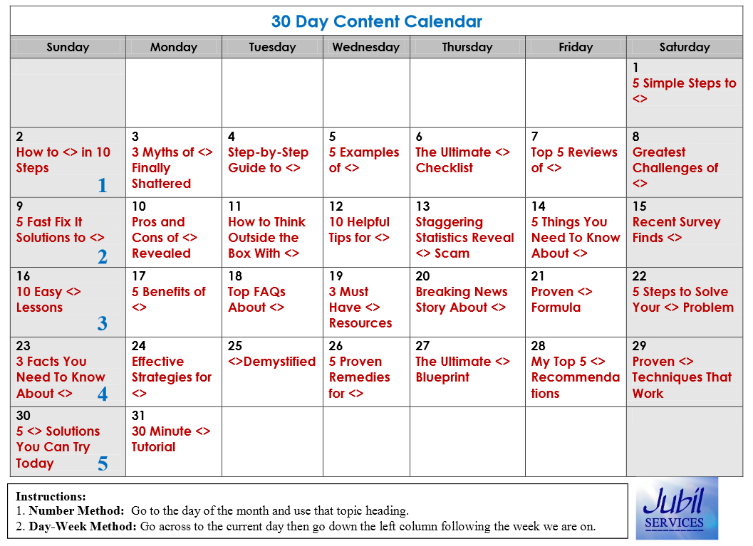 30 Day Content Calendar Tool regarding 30 Day Calendar