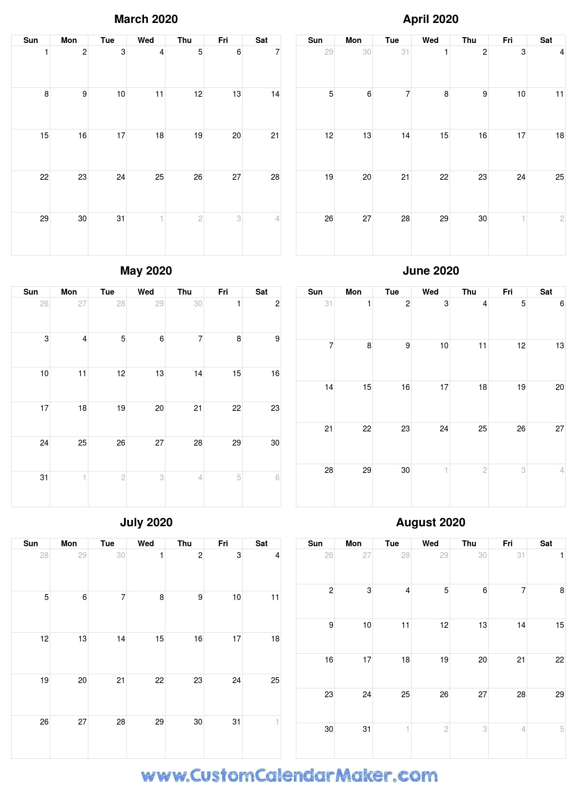 6 Month Calendar Template 2020 | Monthly Printable Calender regarding 6 Month Calendar Template