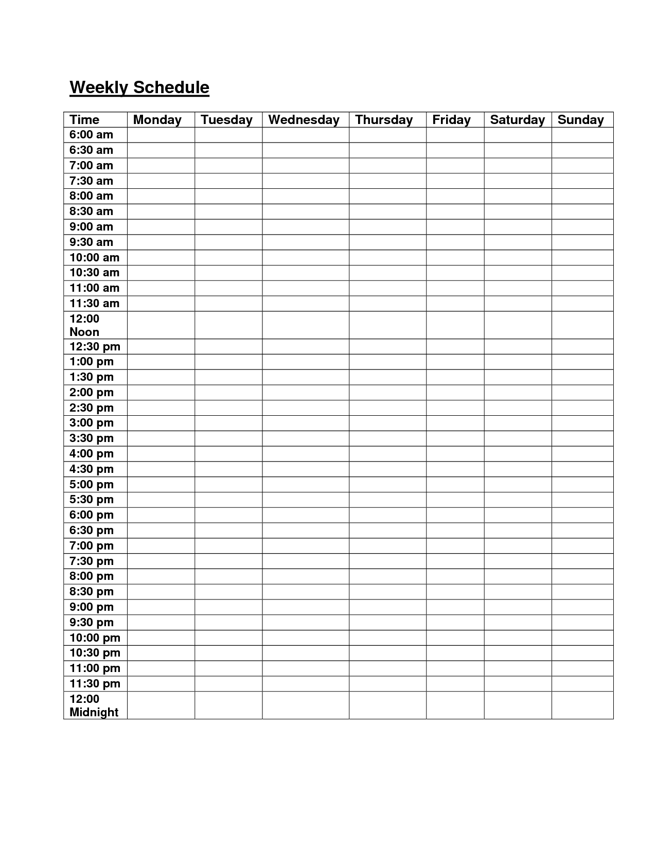 6Am Midnight Hourly Weekly Schedule Planner | Daily in Hourly Weekly Calendar