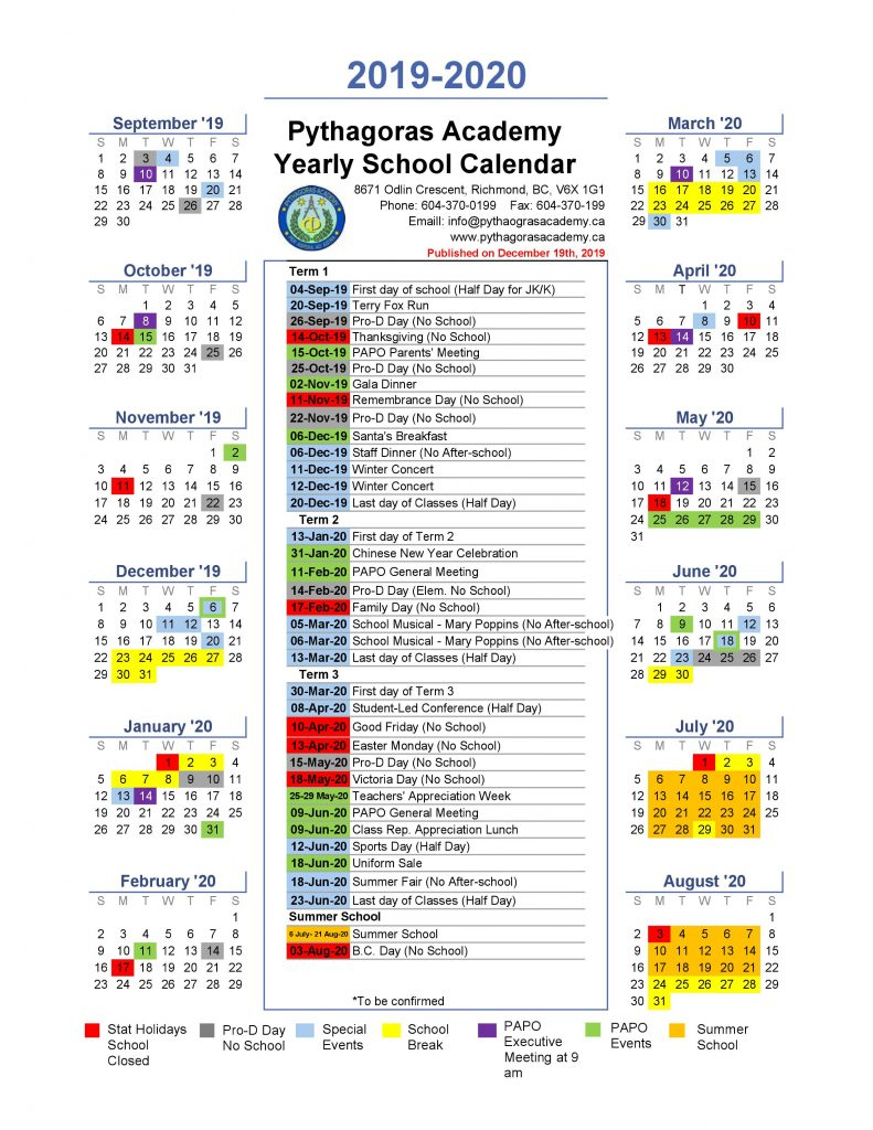 Academic Calendar 201920 | Pythagoras Academy with regard to Mulgrave School Calendar