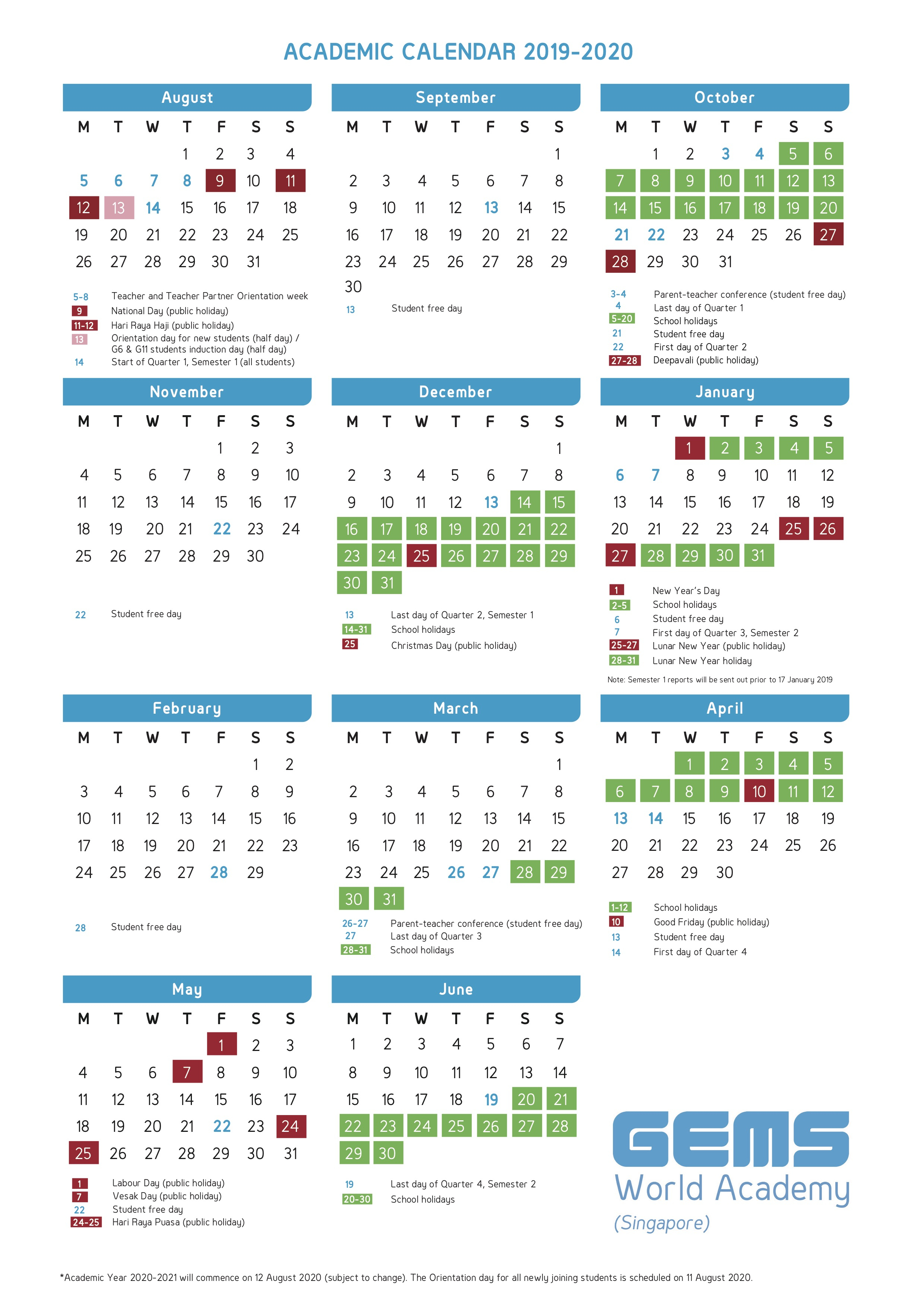 Academic Calendar | Gems World Academy (Singapore) with regard to School Calendar 2020 Mauritius