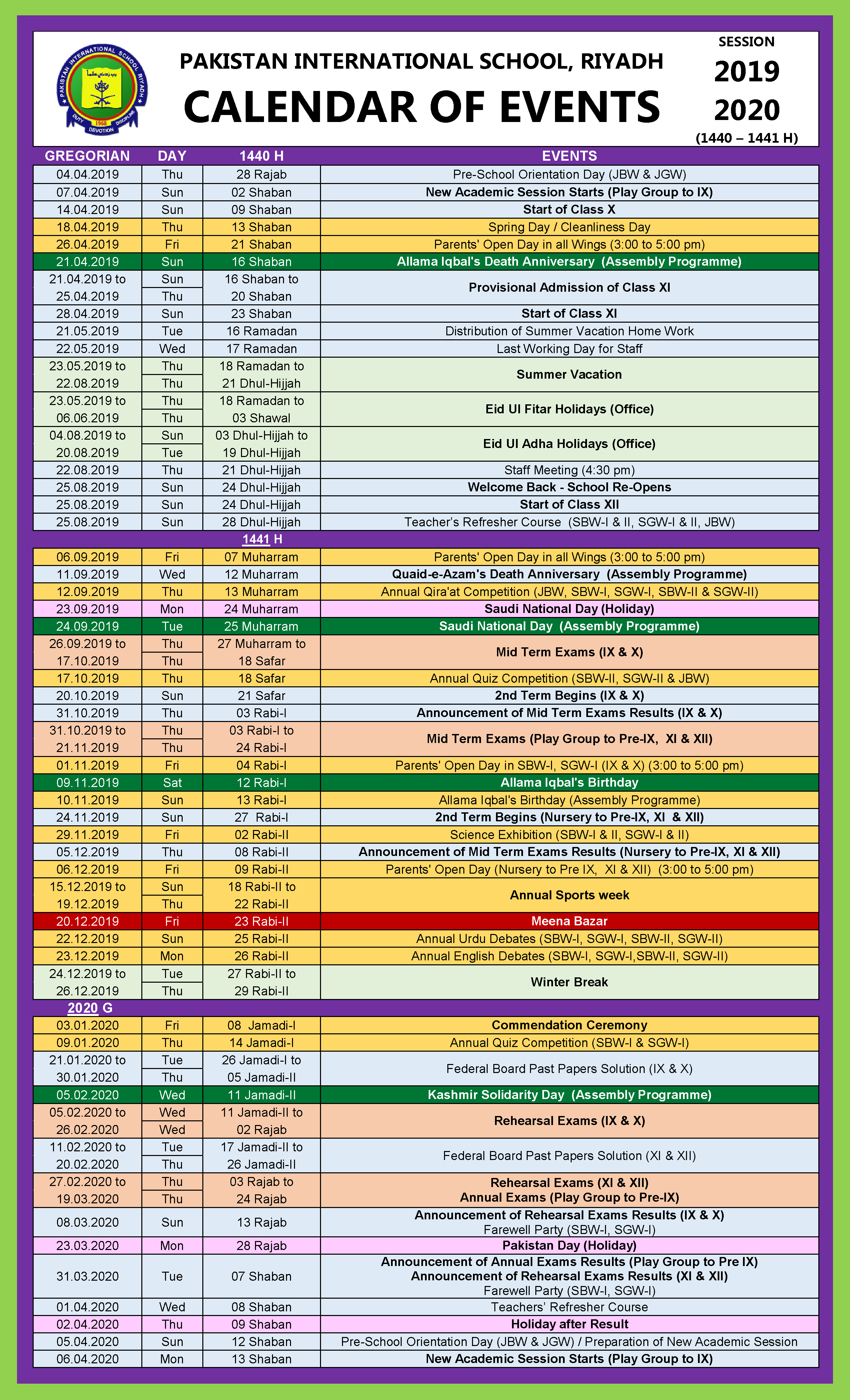 Academic Calendar Of Events (20192020) — Pakistan regarding H International School Calendar