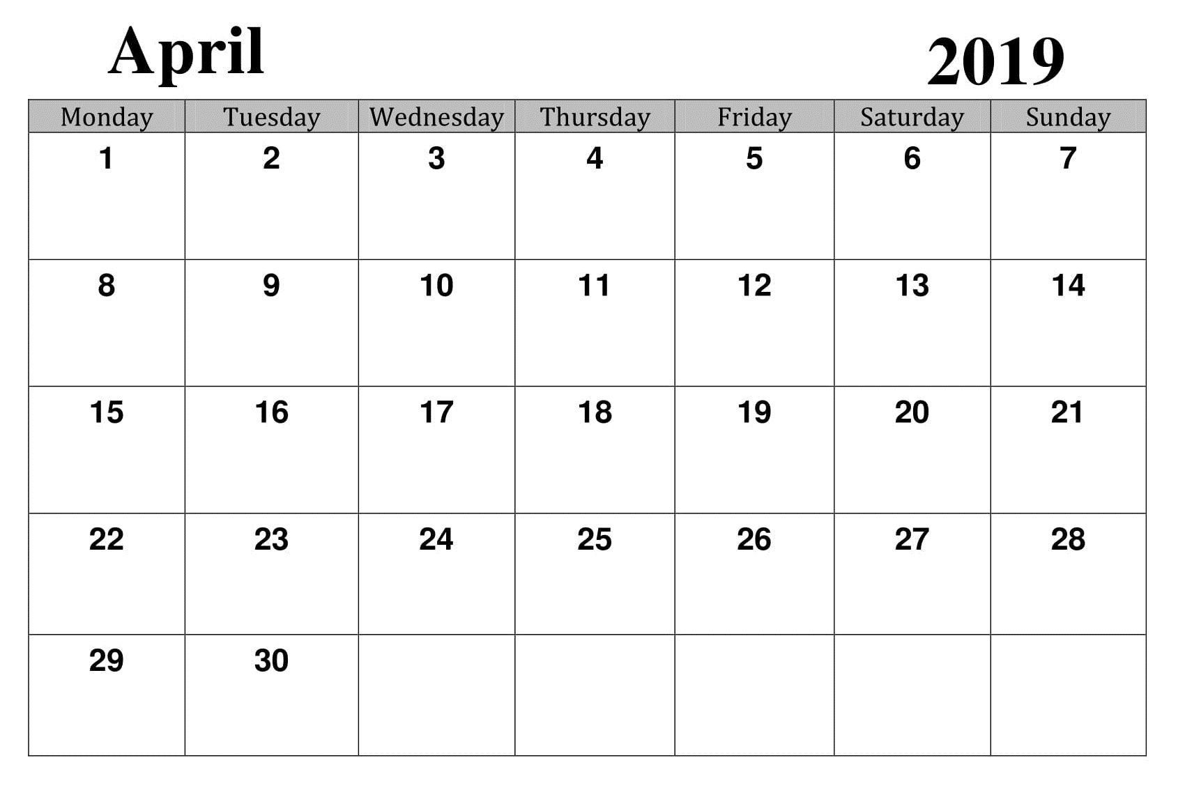 April 2019 Printable Template Calendar | Blank Calendar in Google Calendar Printable Template