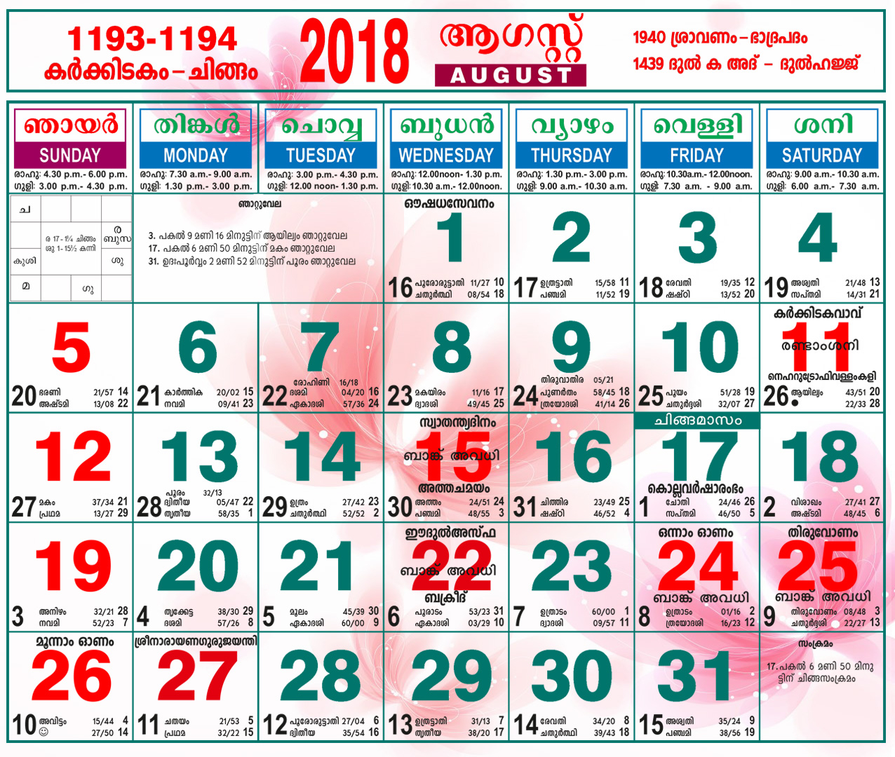 August 2018 Calendar Malayalam intended for Malayalam Calendar 2018 September