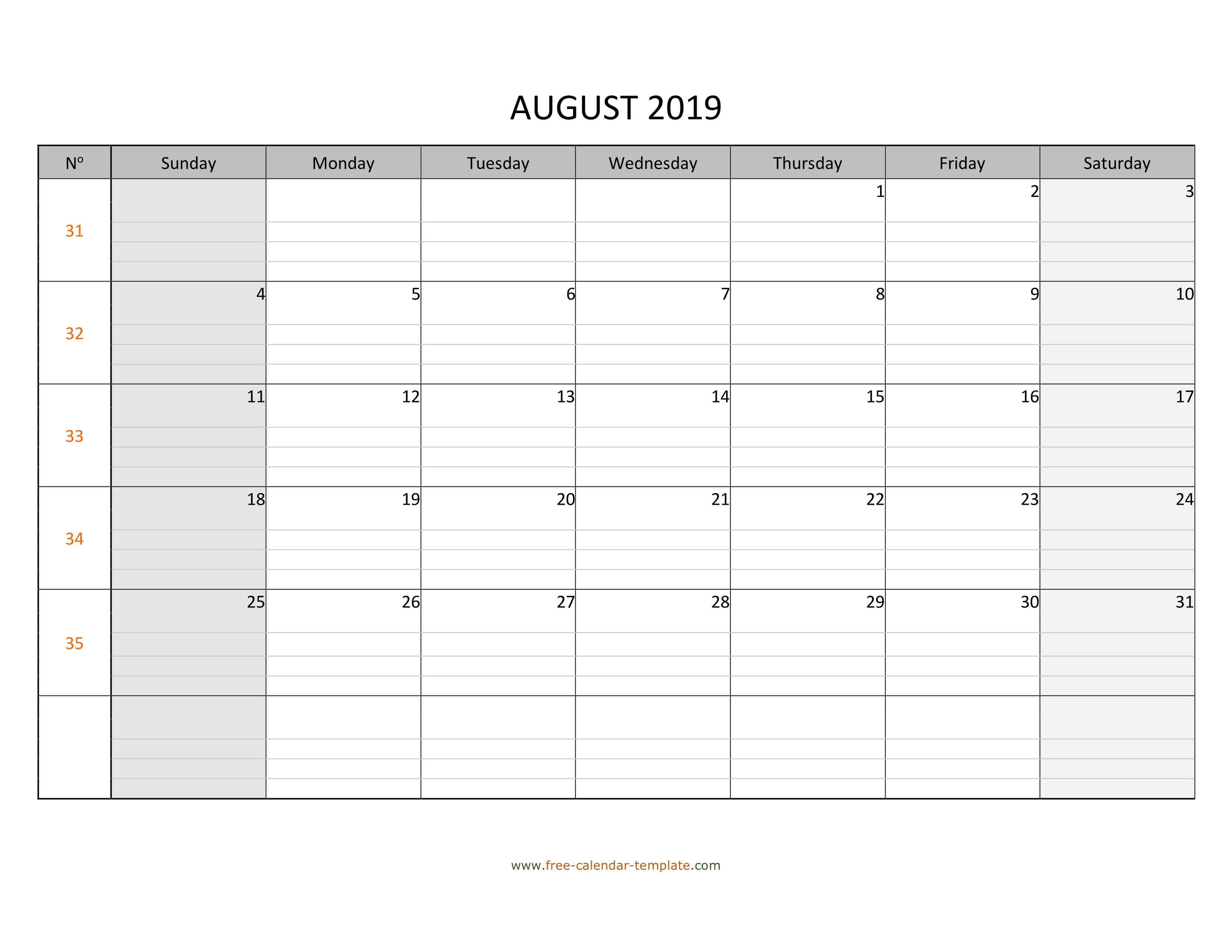 August 2019 Calendar Free Printable With Grid Lines Designed within Monday To Sunday Calendar Template