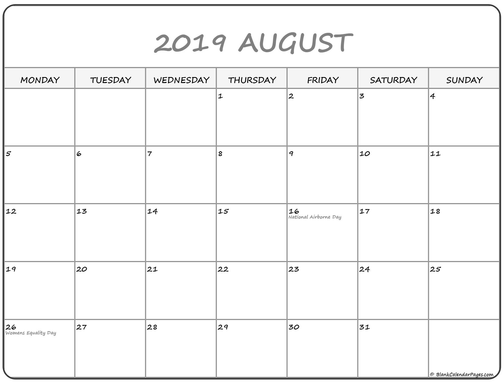 August 2019 Monday Calendar | Monday To Sunday throughout Blank Calendar Monday Through Sunday