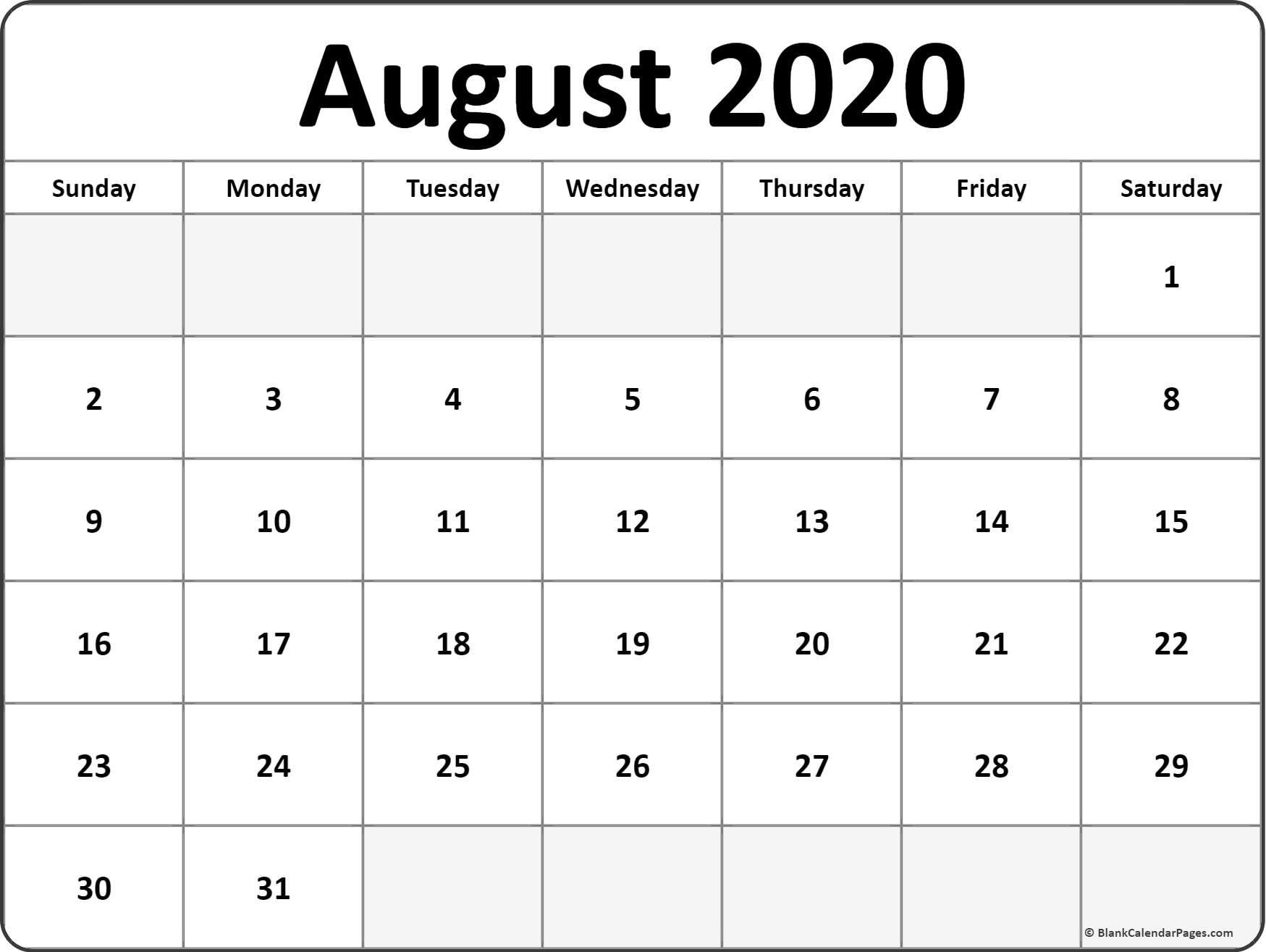August 2020 Calendar August 2020 Blank Calendar Templates with 2020 Blank Calendar Pages