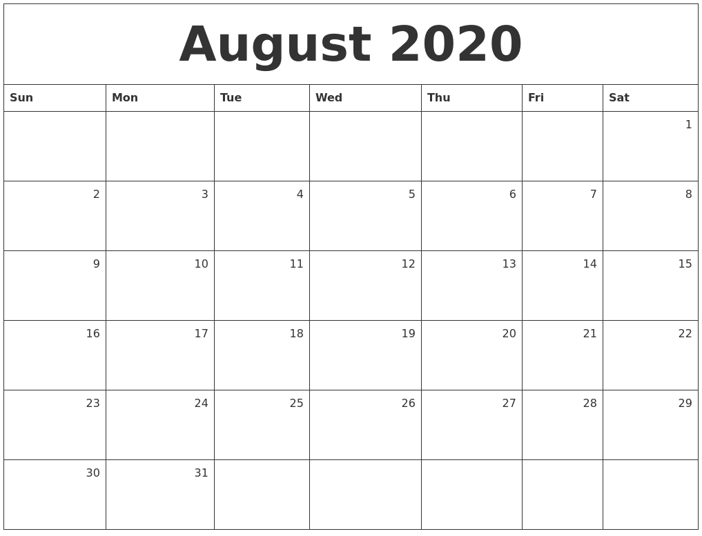 August 2020 Monthly Calendar intended for August 2020 And September 2020 Calendar