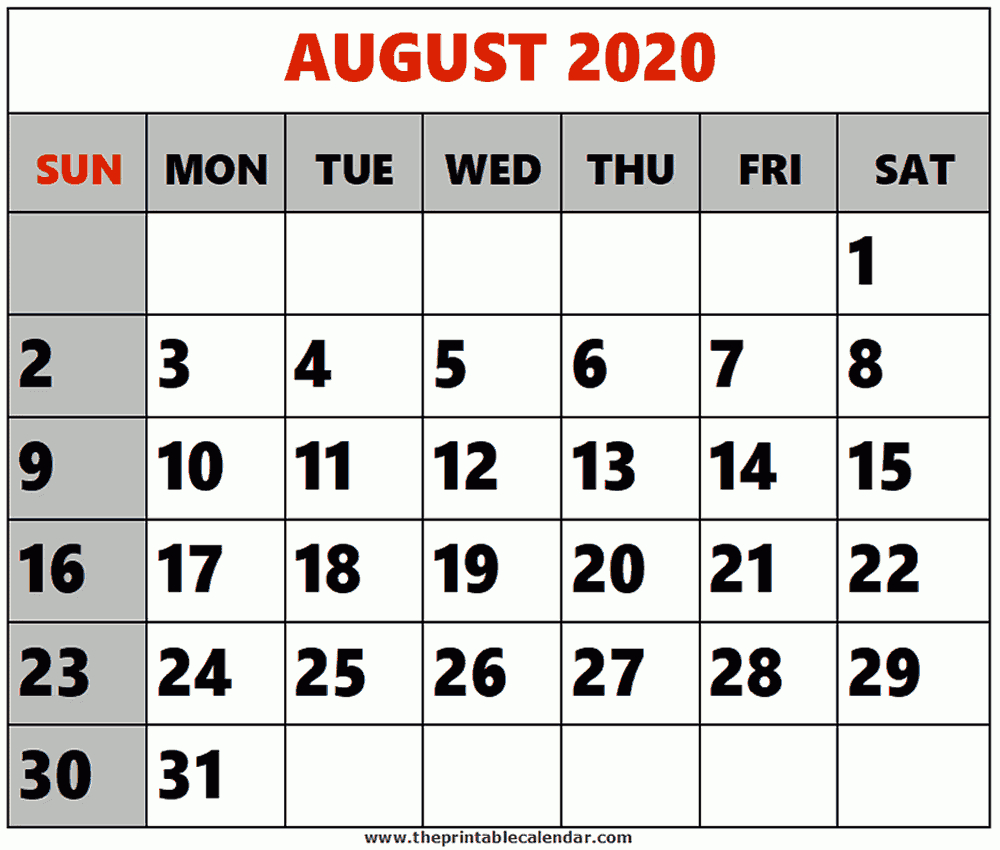 August 2020 Printable Calendars inside August 2020 Calendar Printable