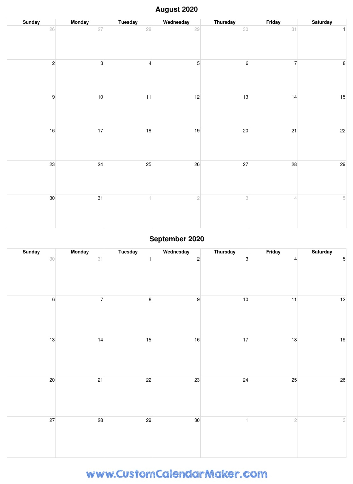 August And September 2020 Printable Calendar Template throughout August 2020 And September 2020 Calendar