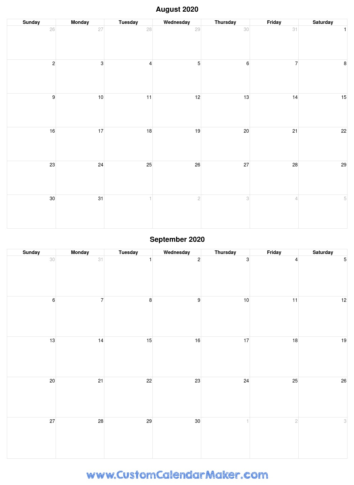 August And September 2020 Printable Calendar Template with regard to Calender August And September 2020