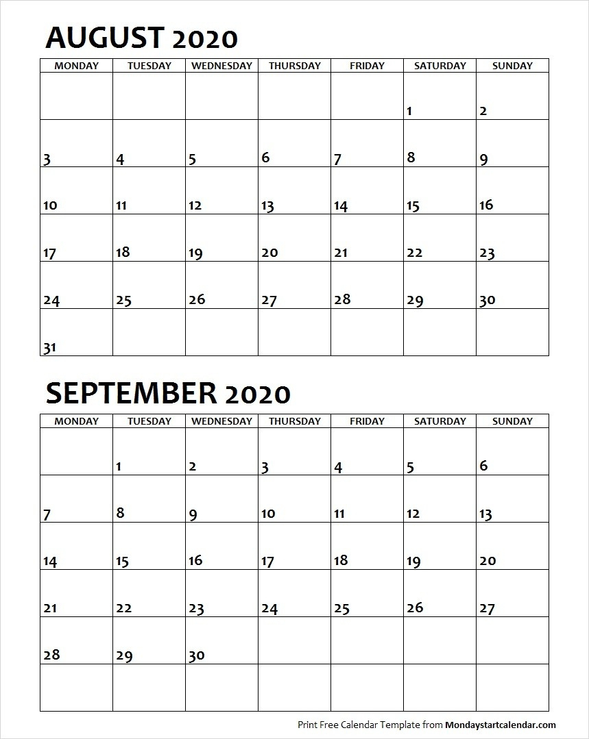 August September 2020 Calendar Monday Start | Two Months intended for August 2020 And September 2020 Calendar