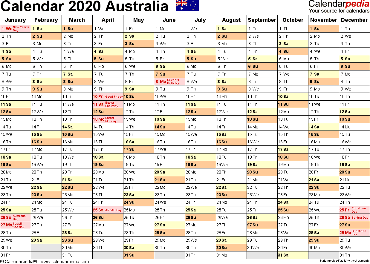 Australia Calendar 2020  Free Printable Pdf Templates regarding Calendar 2020 Qld