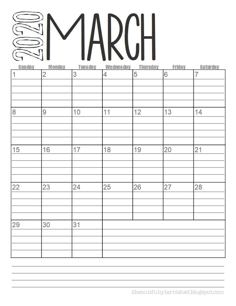 Beautifully Tarnished: Free 2020 {Lined} Monthly Calendars throughout Printable Lined Monthly Calendar