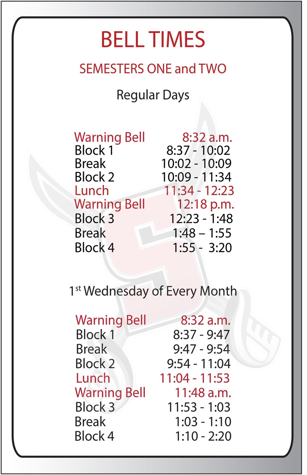 Bell Times | Salisbury Composite High within Fr Haythorne Calendar