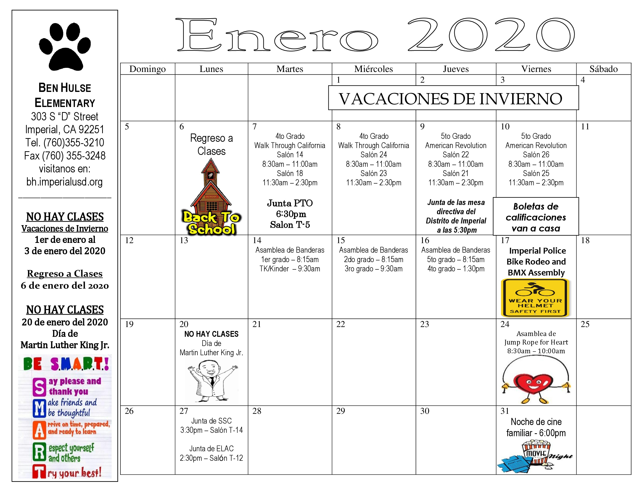 Ben Hulse Elementary School  Monthly Calendar &amp; Activities regarding Tl Waggoner Calendar