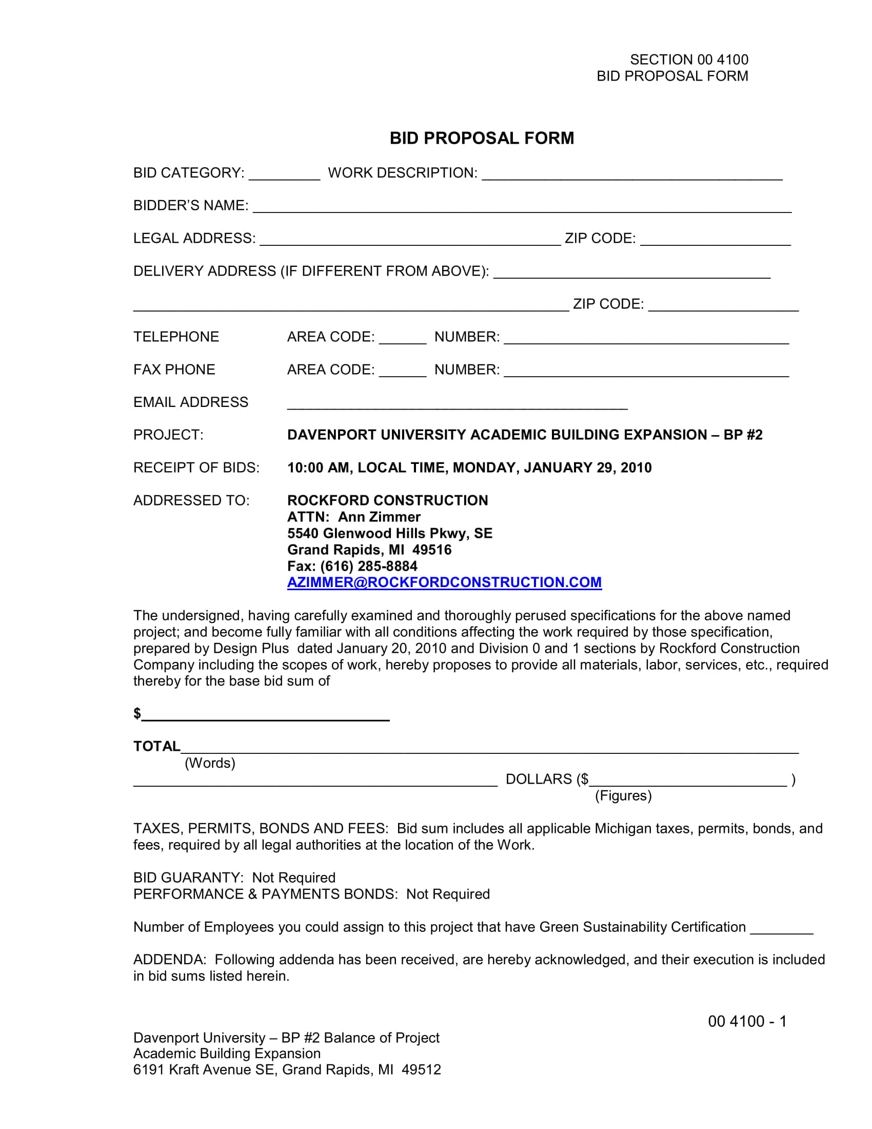 Bid Form Example  Yatay.horizonconsulting.co intended for Plumbing Proposal Template Free